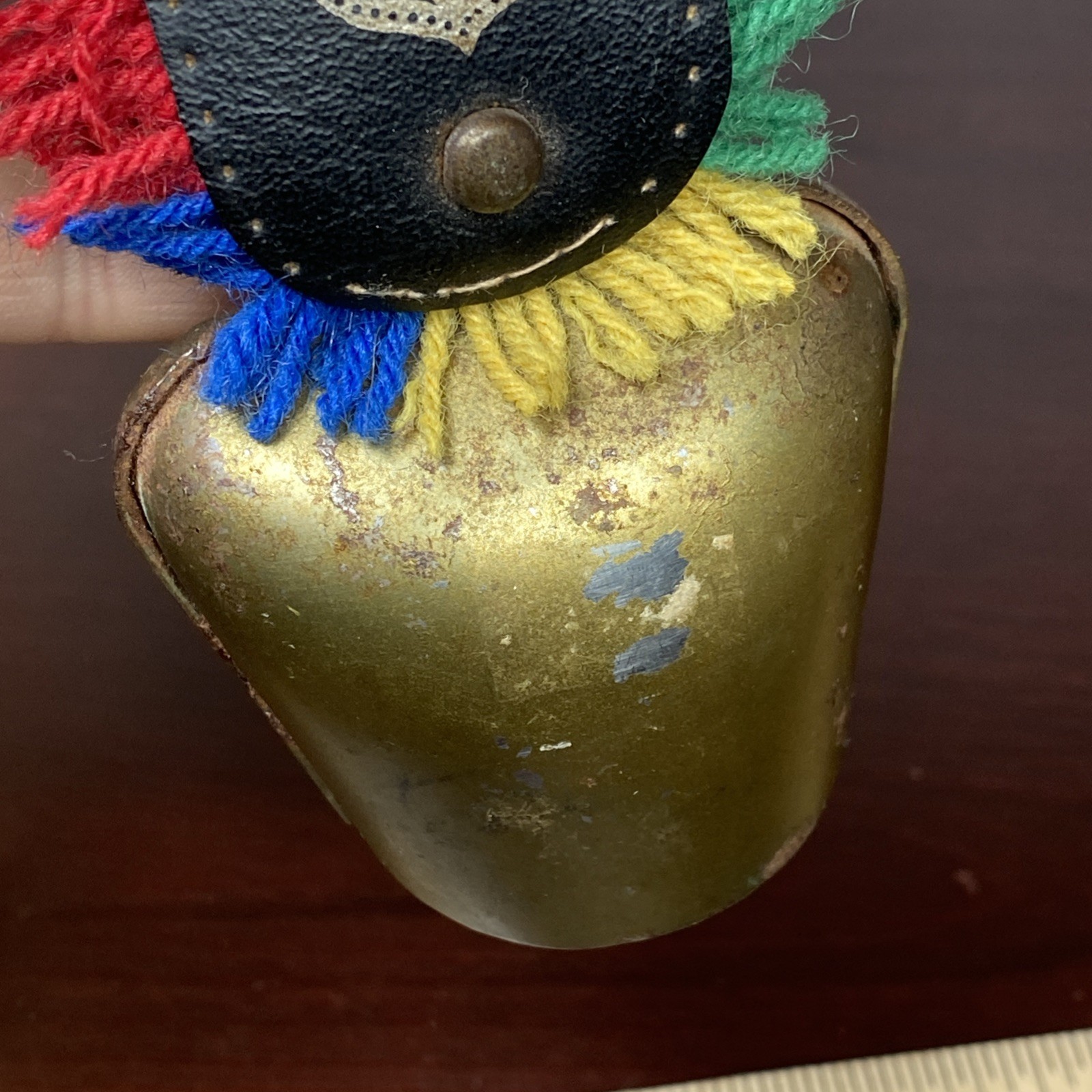 Brass Swiss Cow Bell Multi Color Fringed Leather Strap Vtg 6” Cottage Landscape