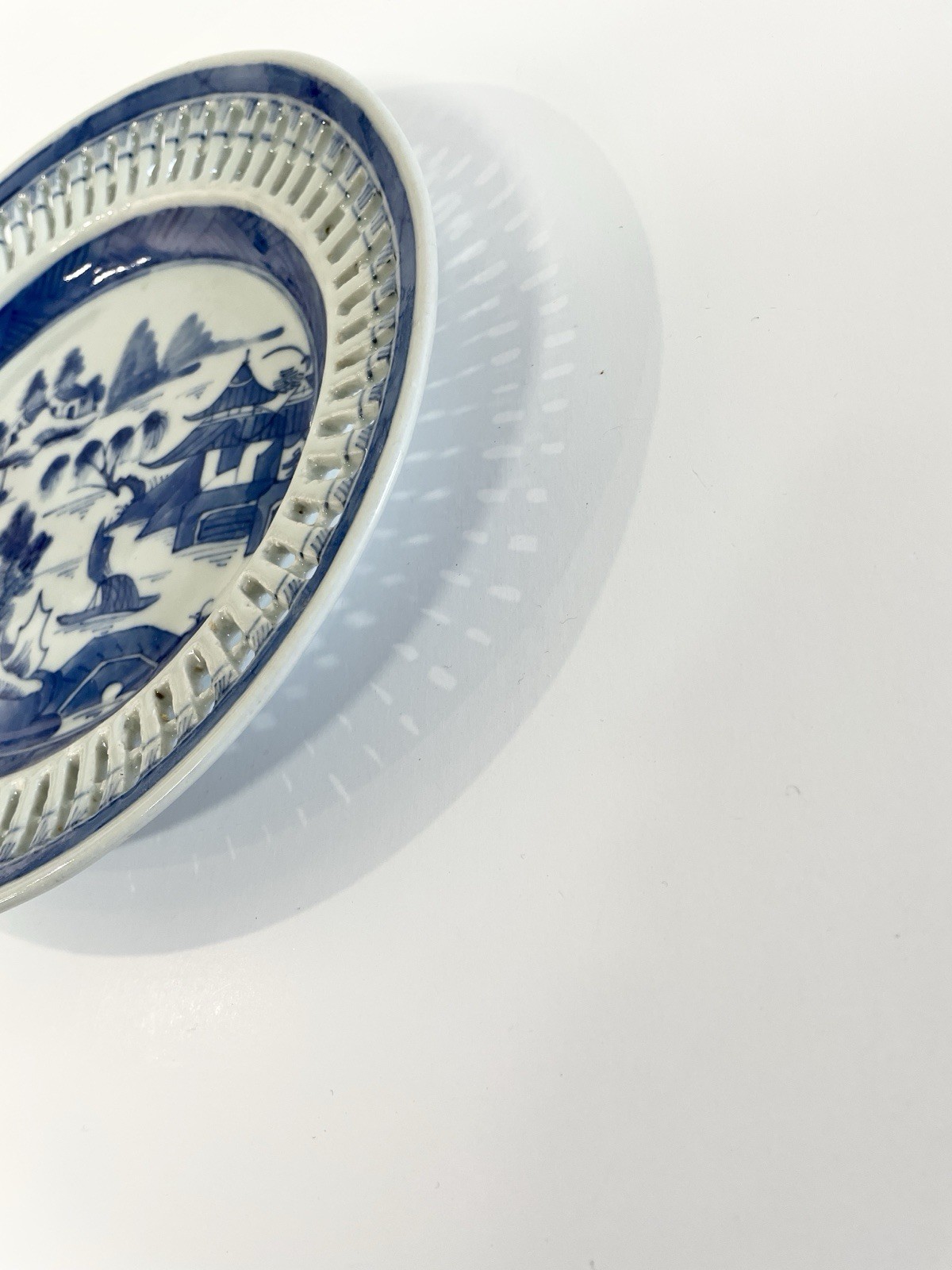 Canton Blue & White Porcelain Chestnut Stand Plate Chinese Export 19th Century