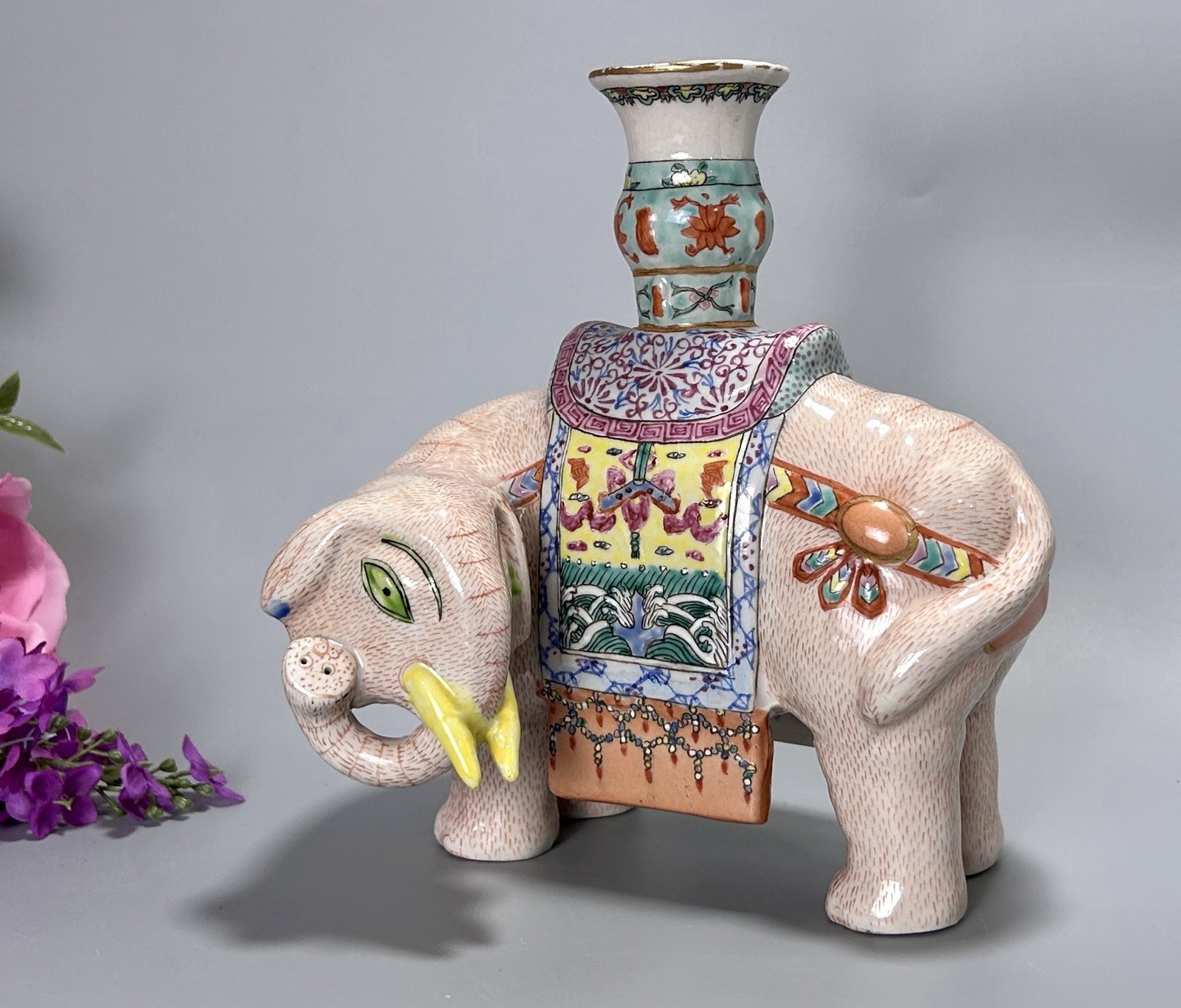 Vintage Chinese Export Candle Holder Elephant Shaped 20thC 7.75”H Porcelain
