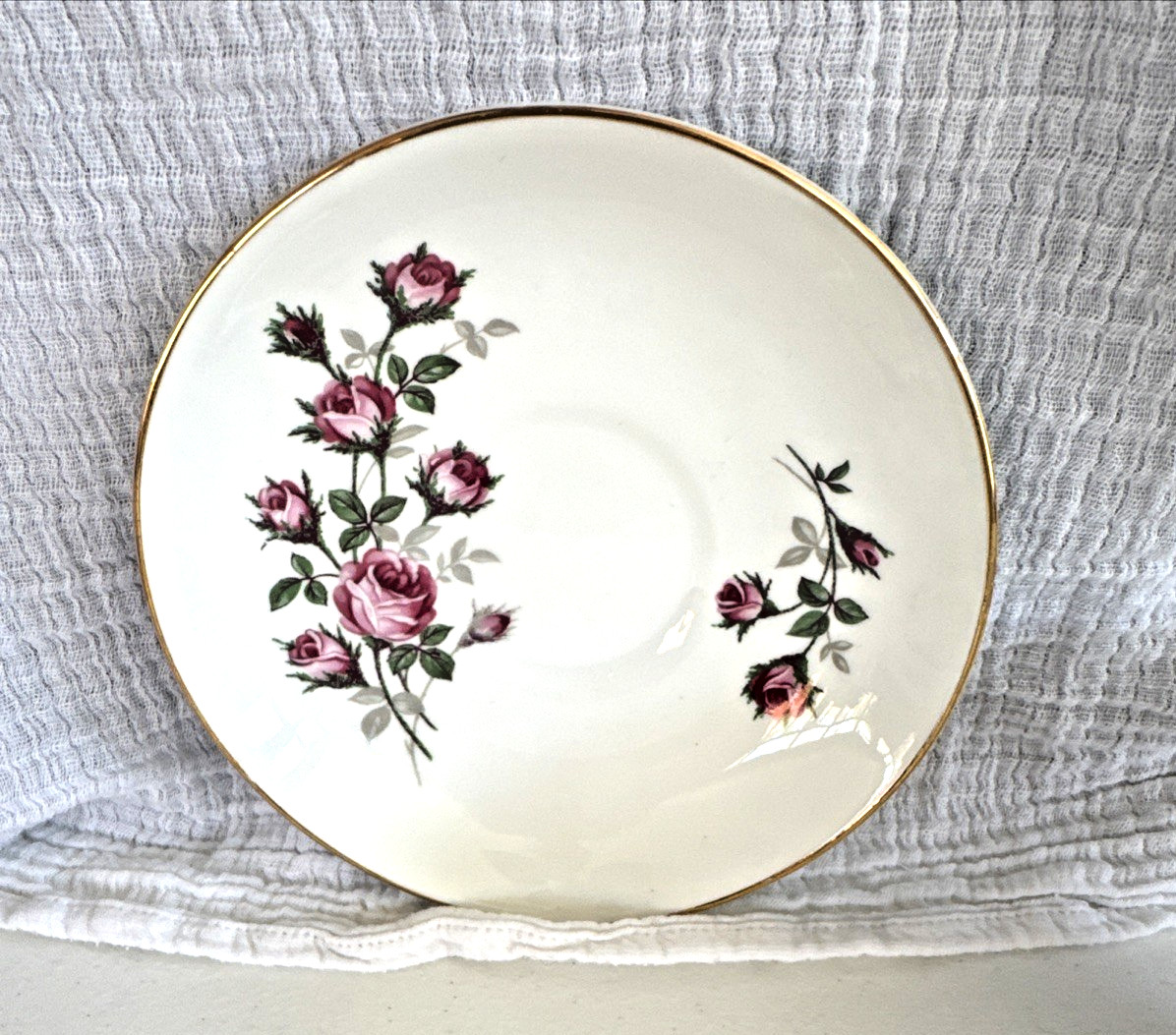 English Bone China Cup & Saucer Vintage White and Gold Pink Roses Hand Painted