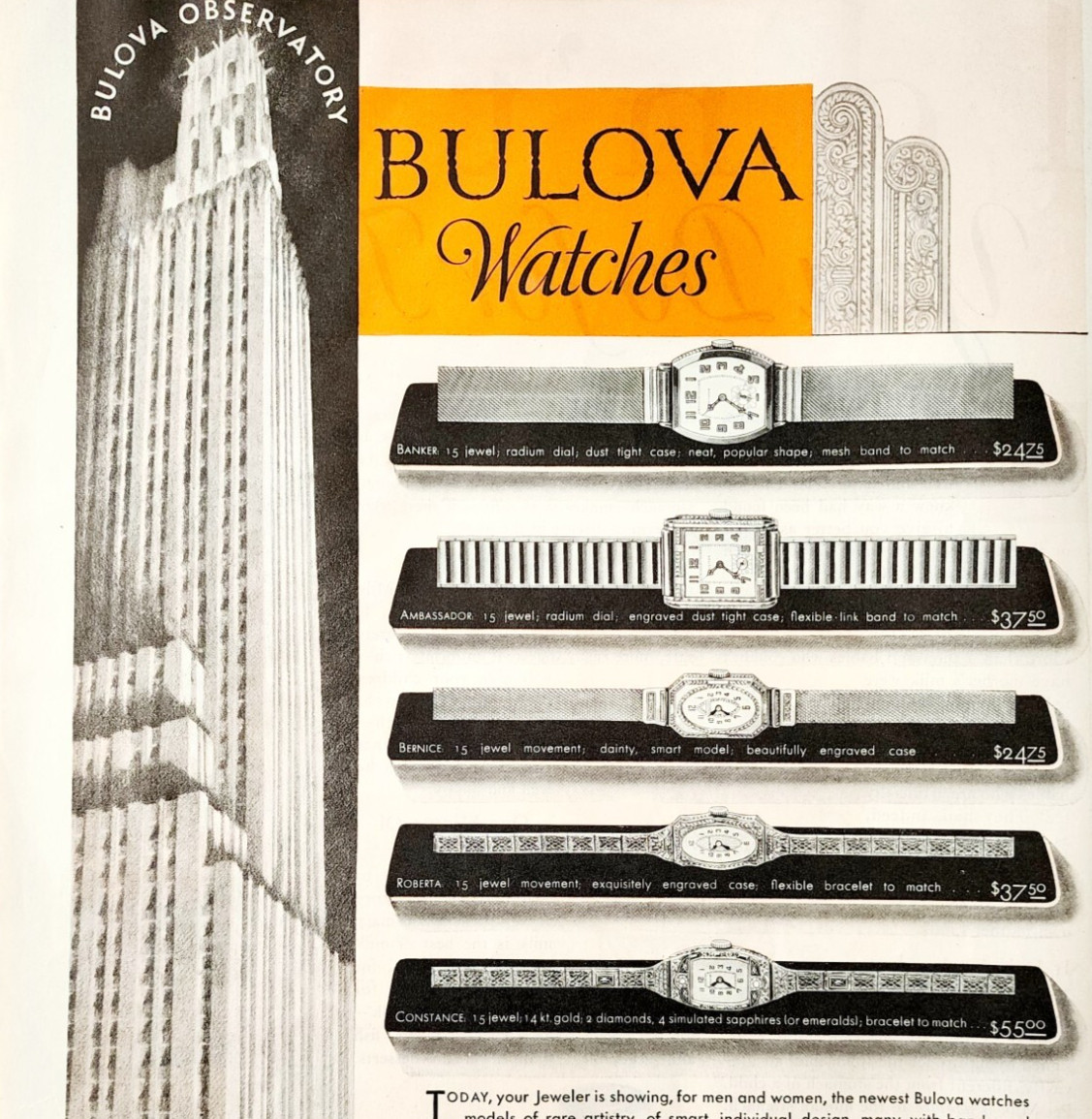 1930 Bulova Watches Advertisement Observatory Building Jewelry Vintage DWJJ19