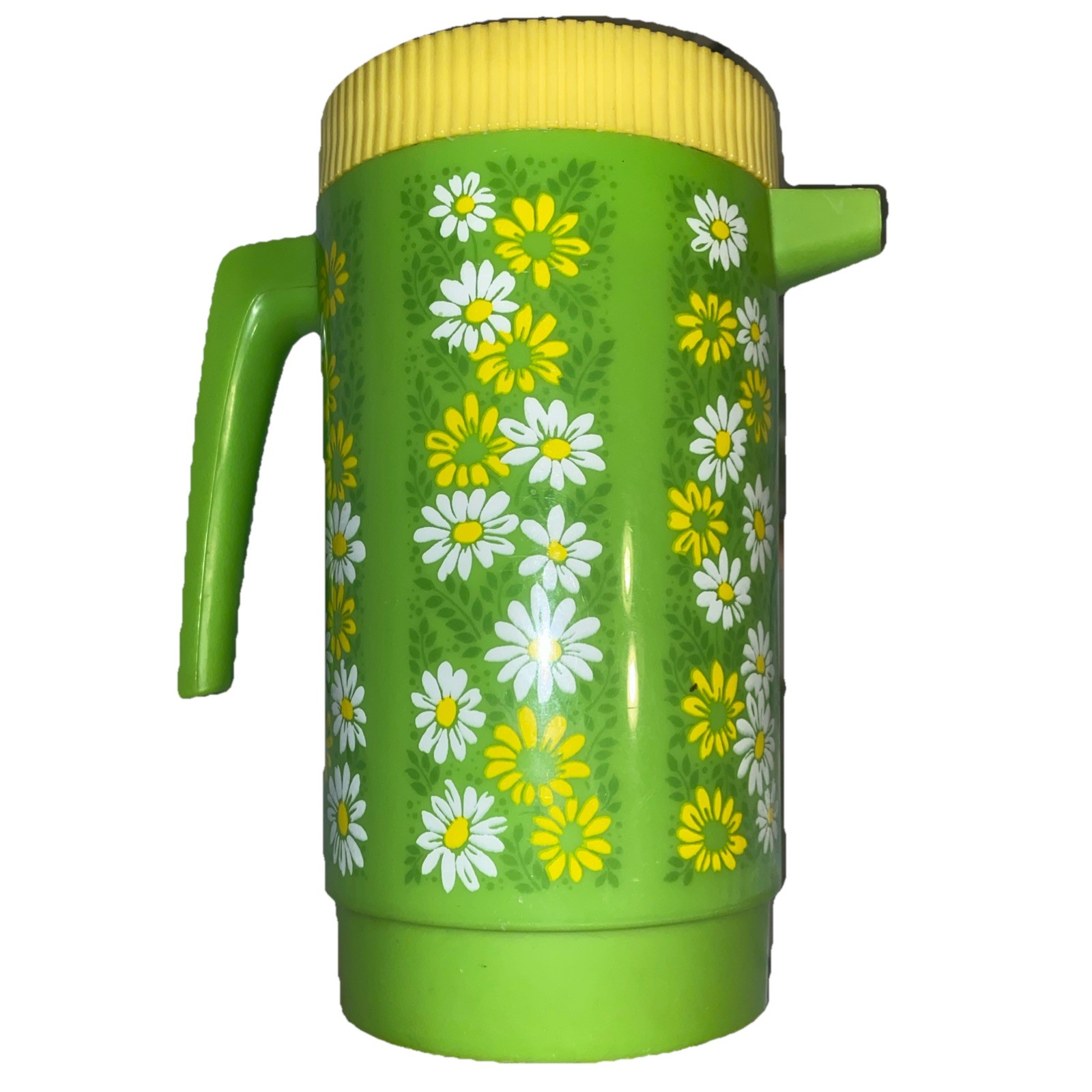 Aladdinware 2 Qt Pitcher Jug Floral 1970s Flower Power Green w/Yellow Lid No 308