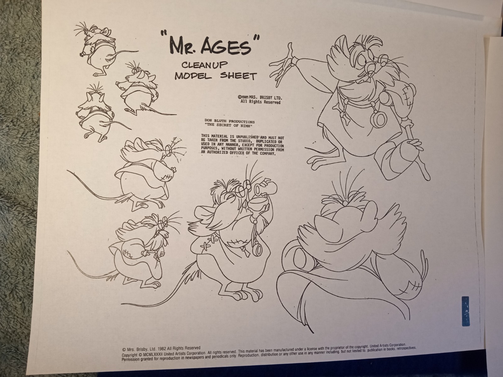 1980 Secret of NIMH Don Bluth Photostat Model Sheets Storyboard Production Lot