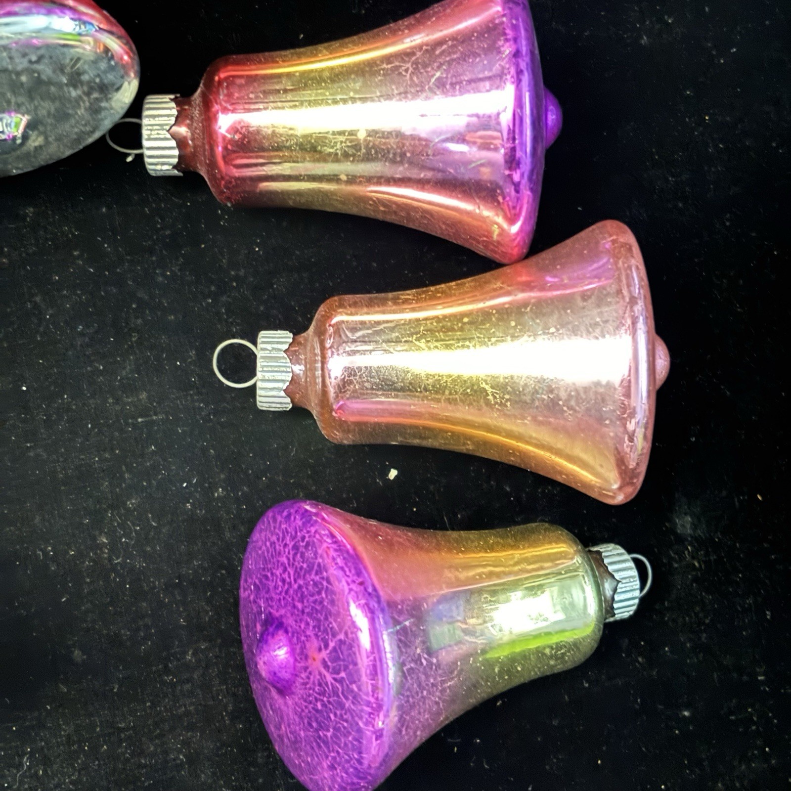 SHINY BRITE Vtg Sugared Colored Mica Striped Bell Ornaments And Ombré Set Of 9
