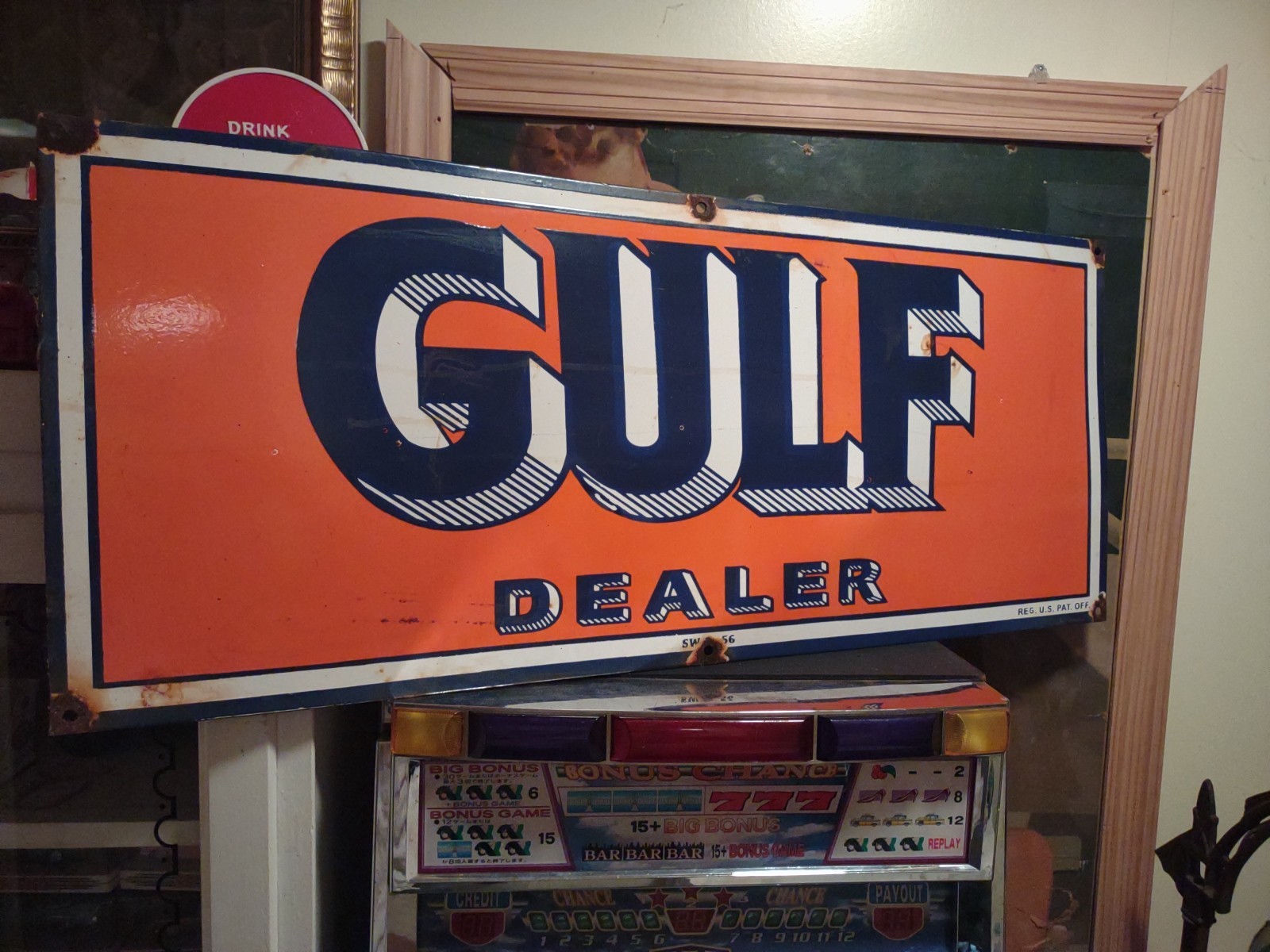 LARGE VINTAGE GULF MOTOR OIL PORCELAIN GAS OIL SERVICE STATION DEALER SIGN 3FT