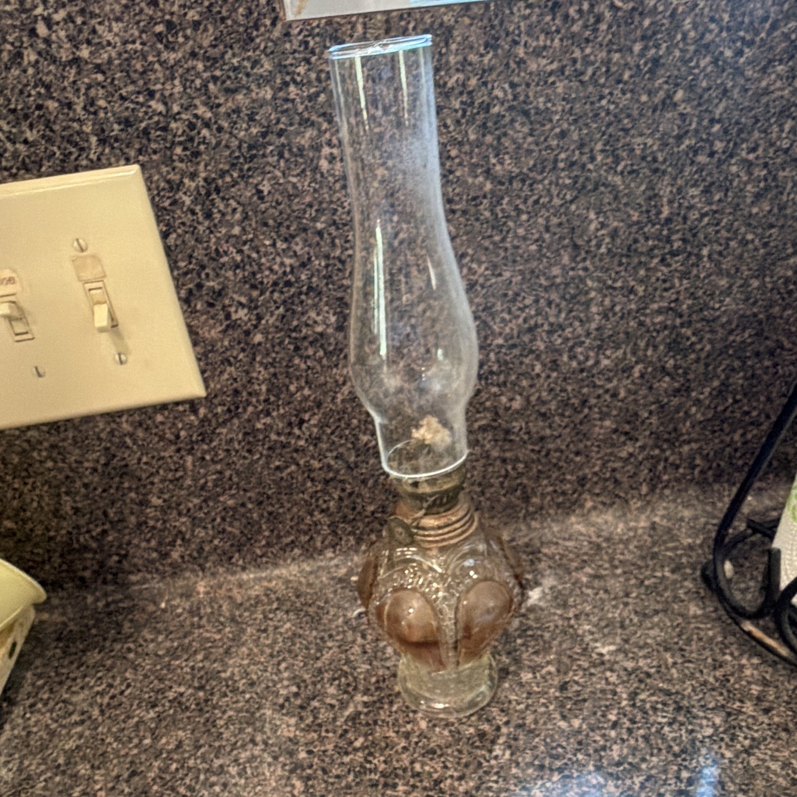 Antique Oil Lamp Clear Glass w/ Metal Burner, Glass Chimney, Knob Control