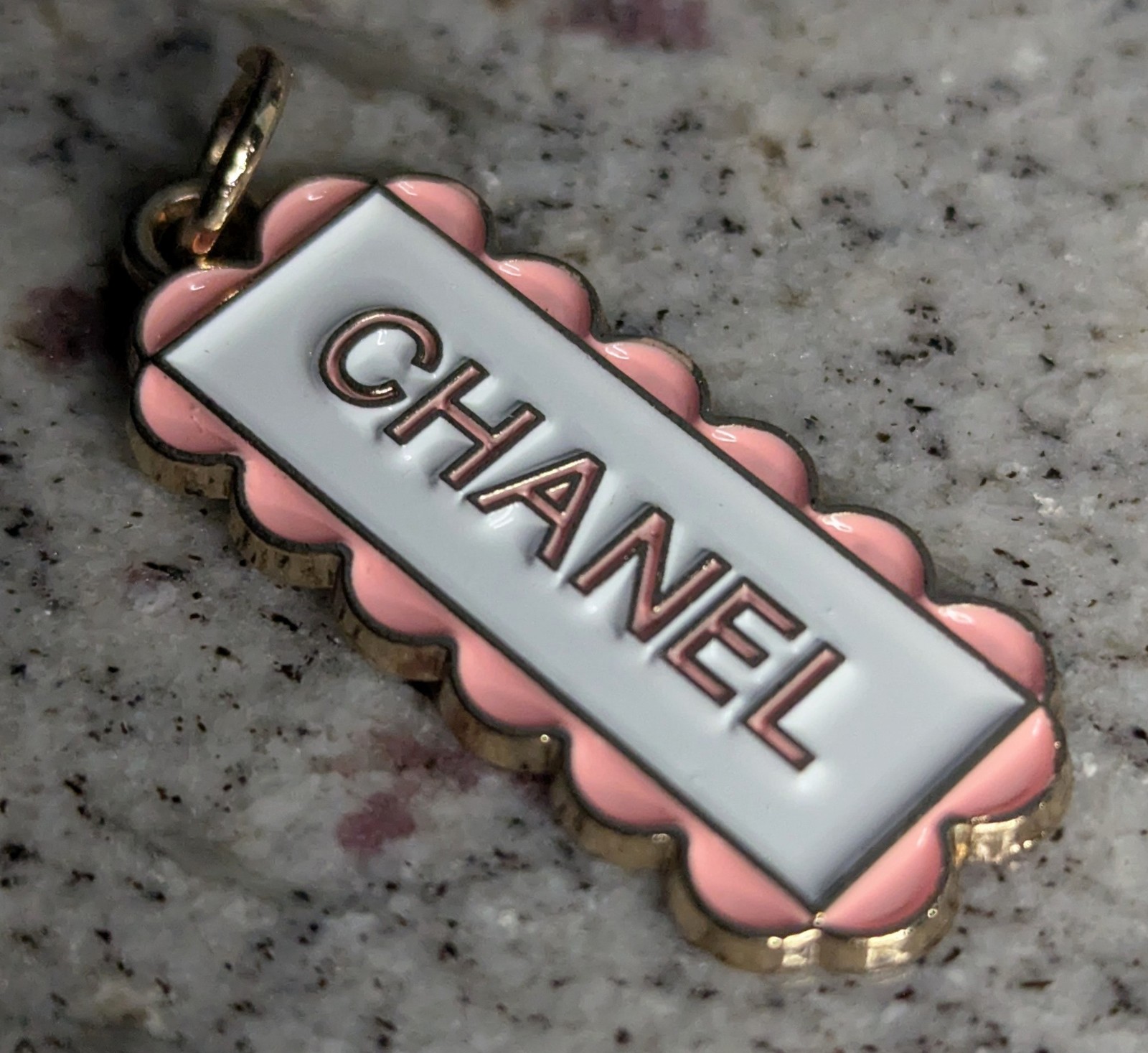 Designer Button Tag Pink White and Gold Zipper Pull 33mm x 14mm