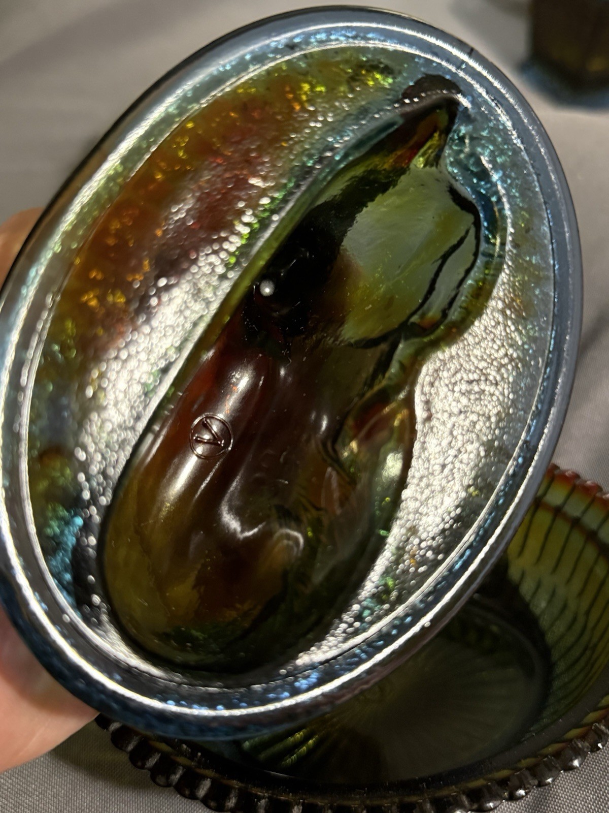 Vintage Rubina Nesting Horse on Nest Iridescent Multi Color Carnival Art Glass