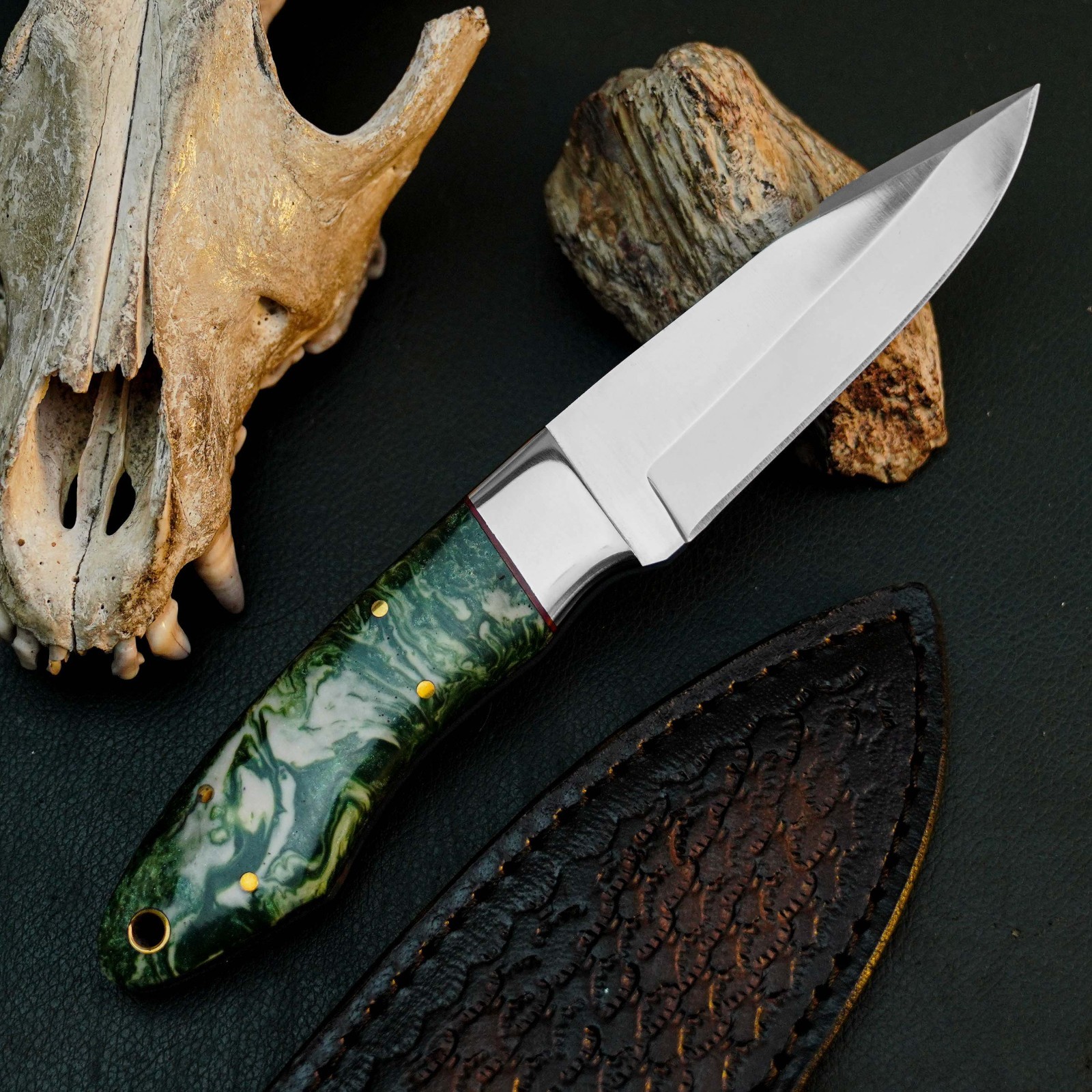8.1″ D2 EDC Hunting Fixed Blade Knife Full Tang Resin Handle Leather Sheath