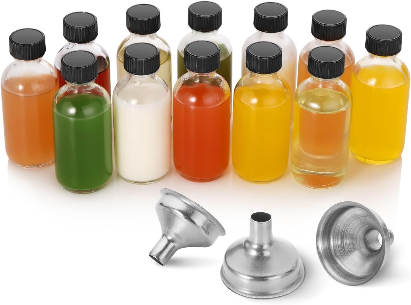 Glass Bottles Small Clear 2oz with Lids Funnels Labels 12 Pack