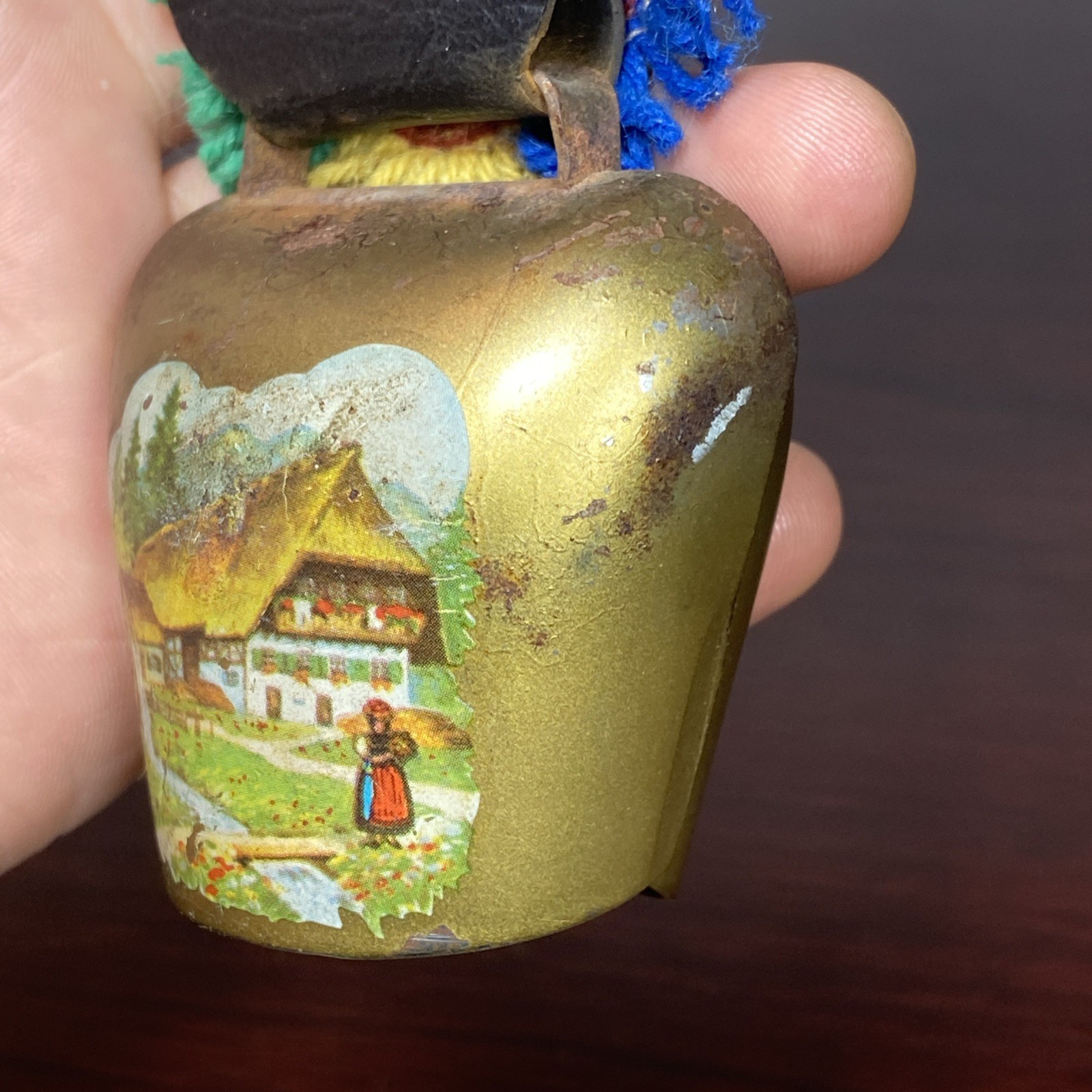 Brass Swiss Cow Bell Multi Color Fringed Leather Strap Vtg 6” Cottage Landscape