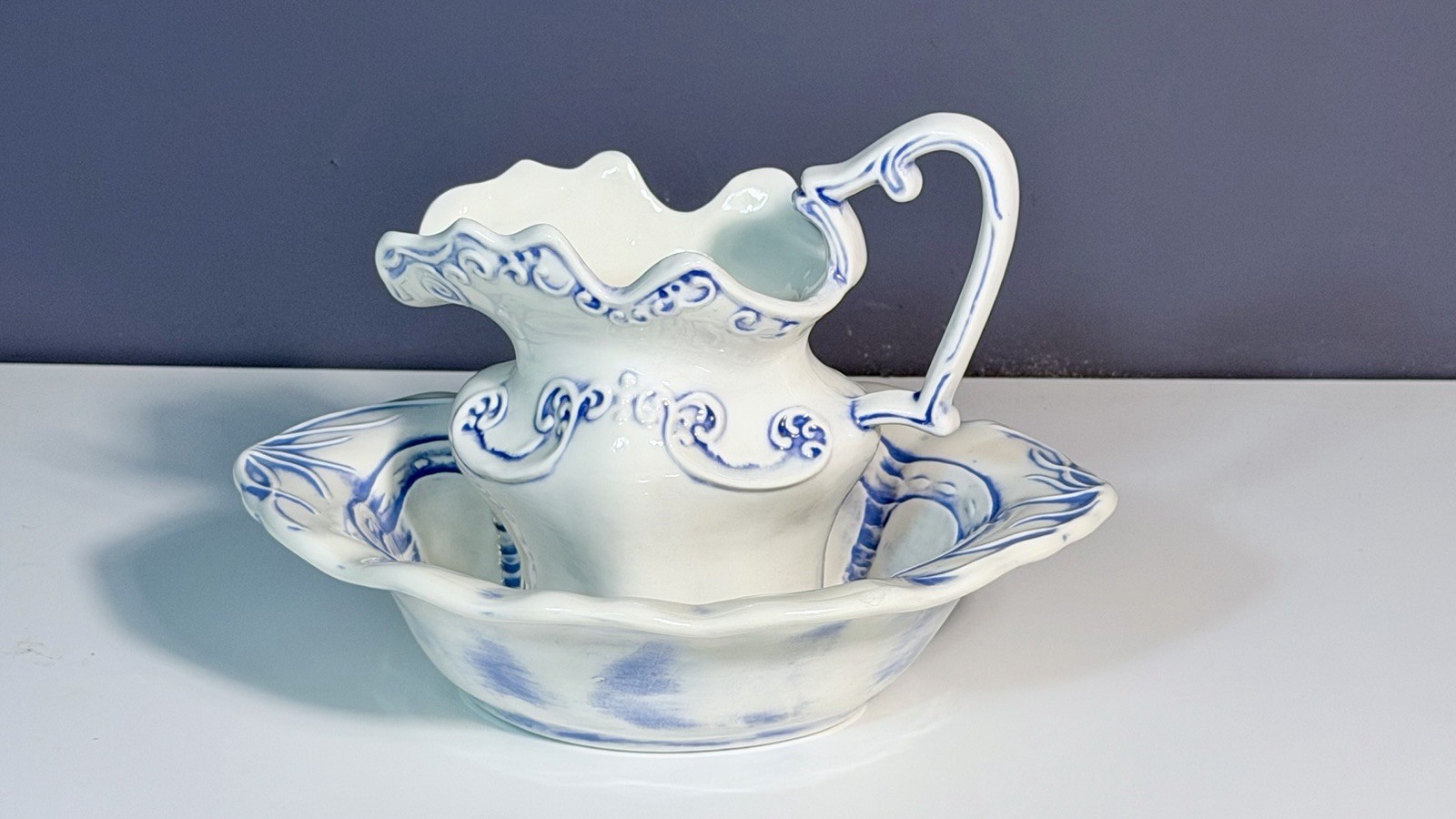 Vintage Arnels Blue White Pitcher & Basin Bowl Set Mid Century Farmhouse