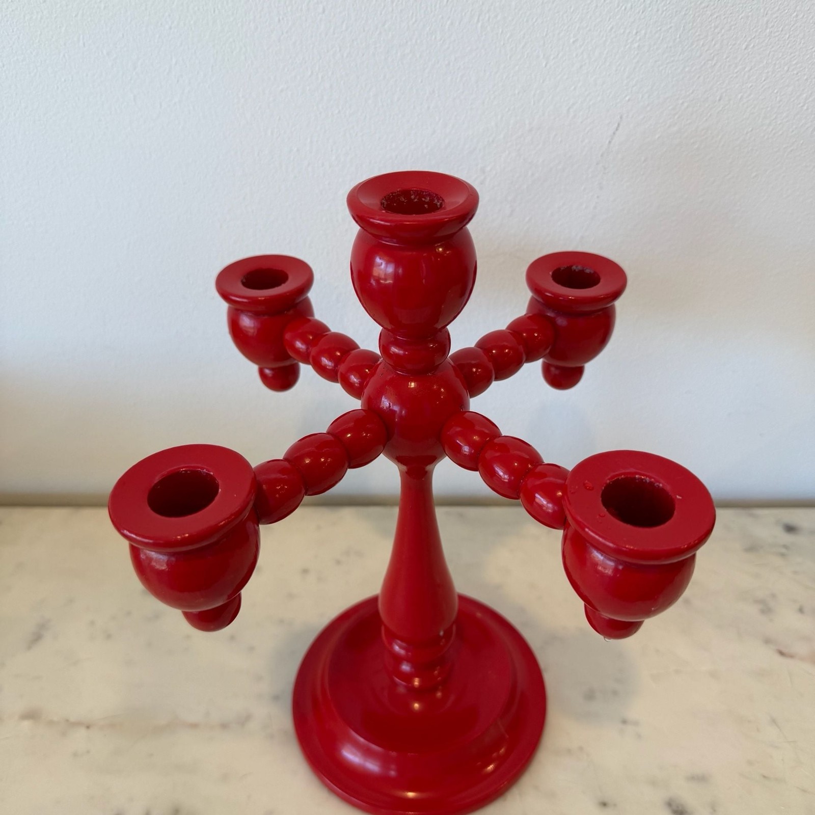 MCM Scandinavian Red Bobbin Candelabra Swedish Folk Art 5 Arm Candle Holder