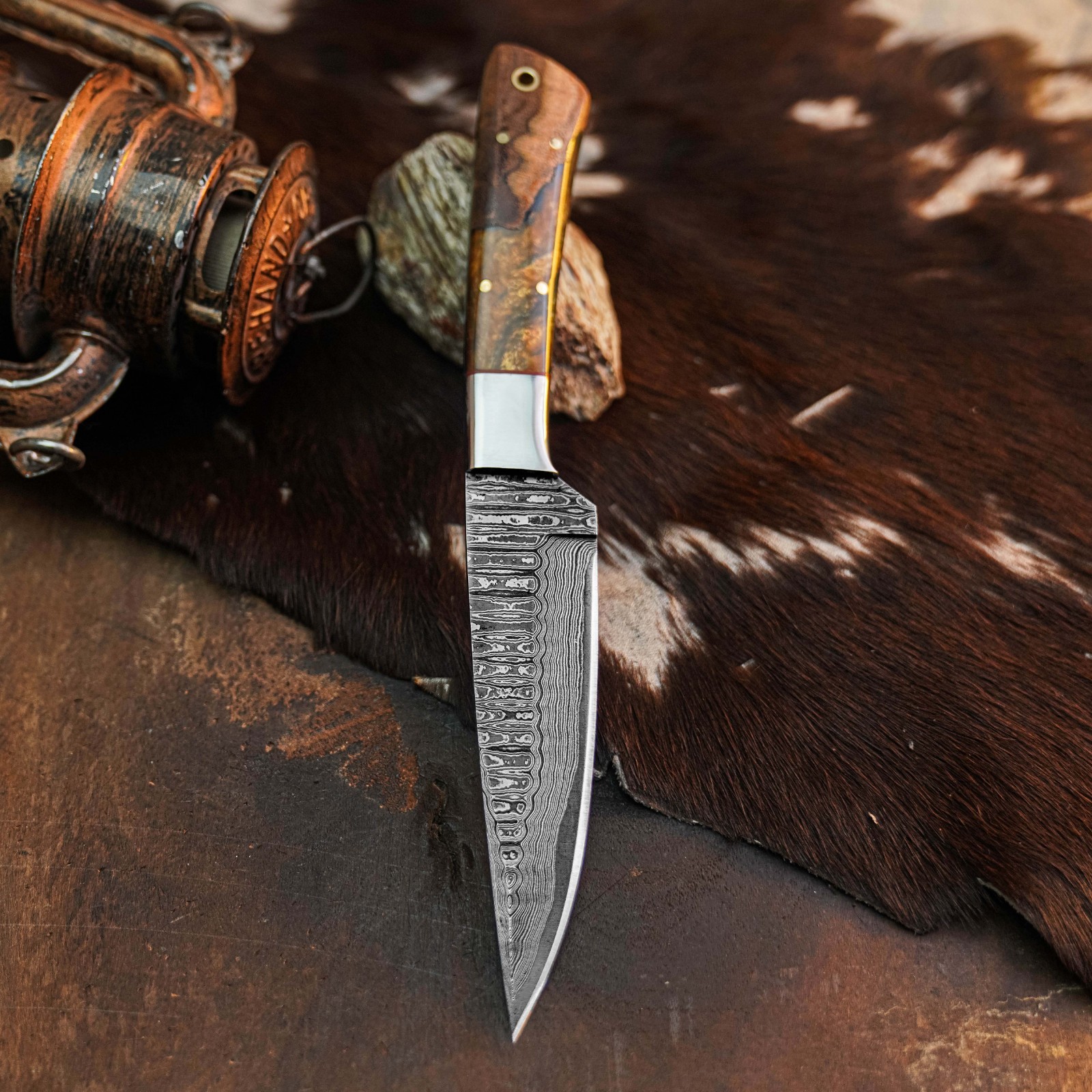 9.1″ inch Handmade Damascus Hunting Knife Full Tang Wood Handle Leather Sheath