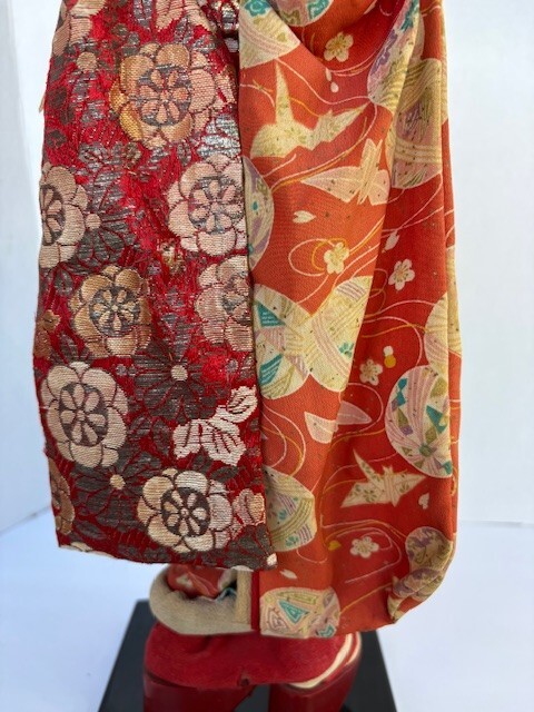 Vintage Japanese Geisha Doll In Traditional Kimono, Hand Made on Wood Base 18″