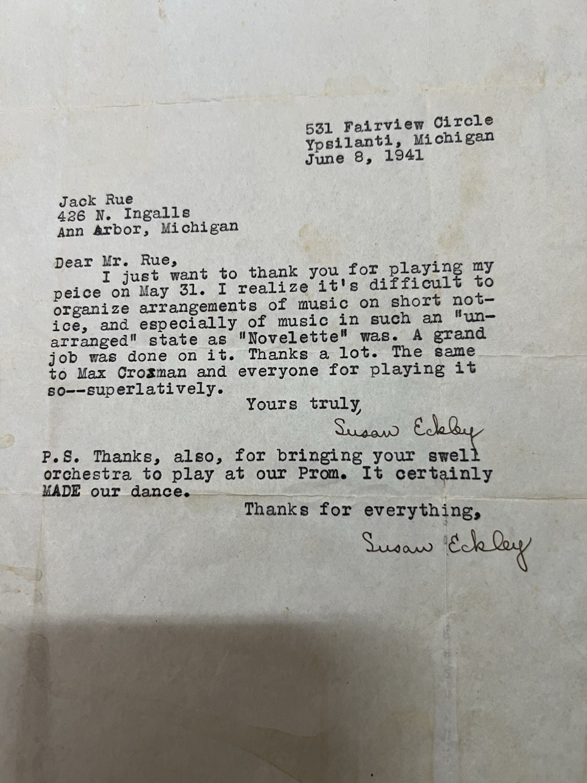 1941 Susan Eckley Signed Typed Letter Music Orchestra Prom Ann Arbor Michigan