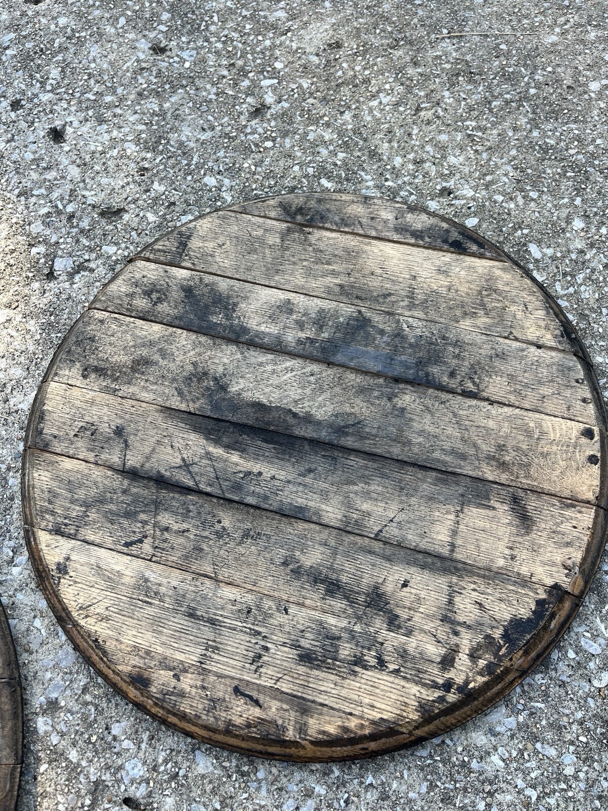 21” w Rough whiskey barrel head, once used, needs work, craft, shelf, display