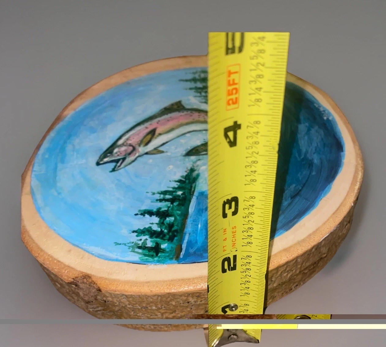 Trout Fish Painting Folk Art Jumping Trout Hand Painted Round Wood 7” X 8” Rare!