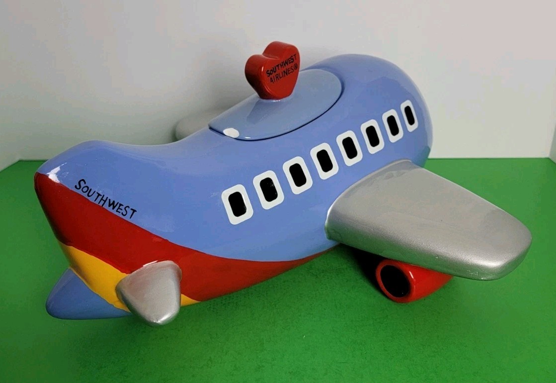 Vintage Southwest Airlines Ceramic Blue Airplane Cookie Jar – Chipped Lid.