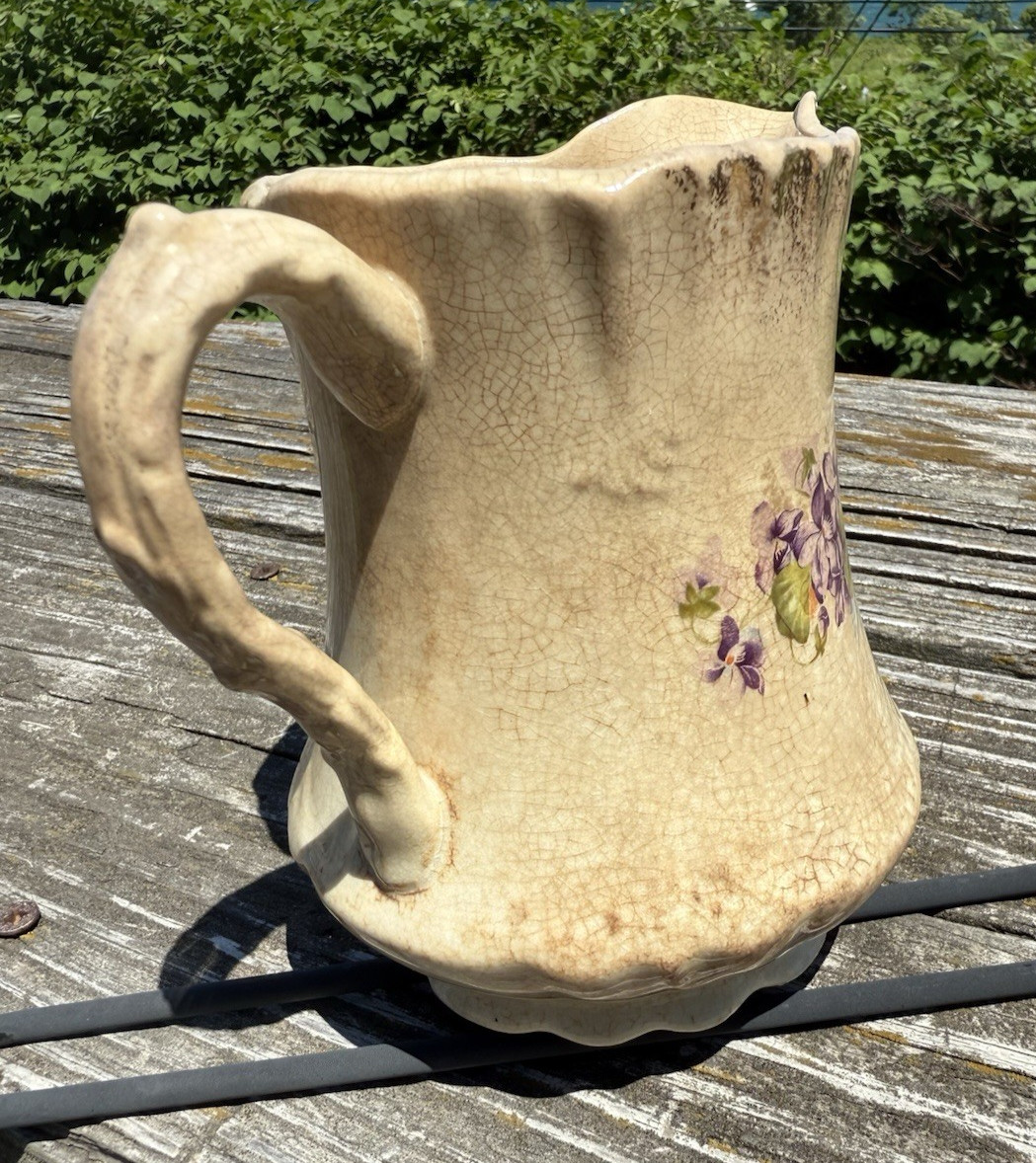 Stained Crazed White Ironstone Small Pitcher Printed Violets Mellor Etruria 5″