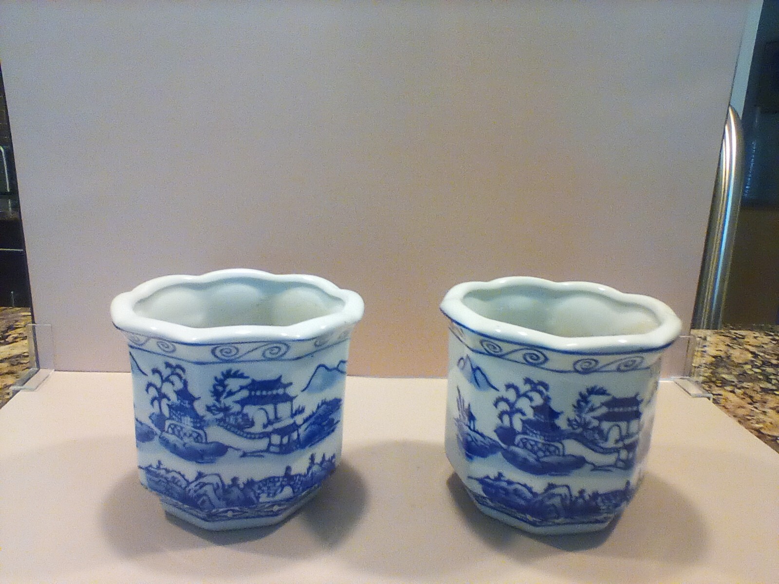 Blue and White Canton Chinese Export Pattern Porcelain Planters Scalloped Mouth