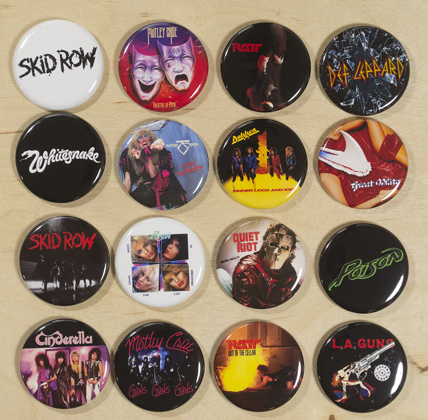 Hair Metal Bands Pinback Button Set of 16 Pins Badges