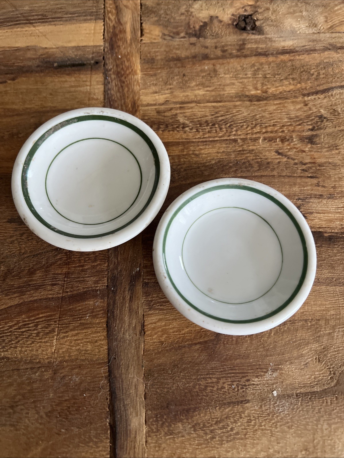 Vintage Chunky Unmarked Two Green Bands Restaurant Ware Butter Pat (2)