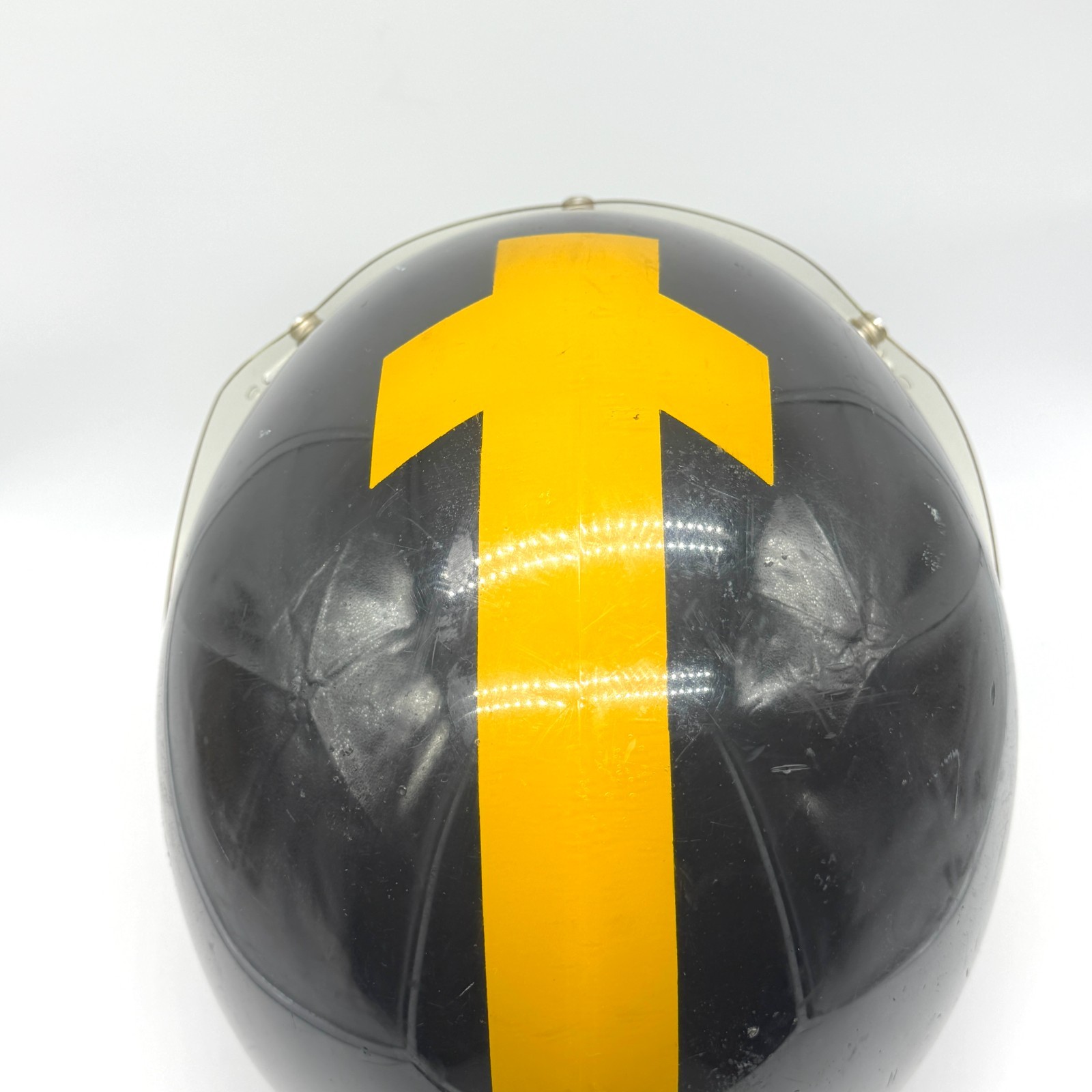Vintage Motorcycle Helmet 70s Black w/ Yellow Stripe and Visor Sz M Decoration