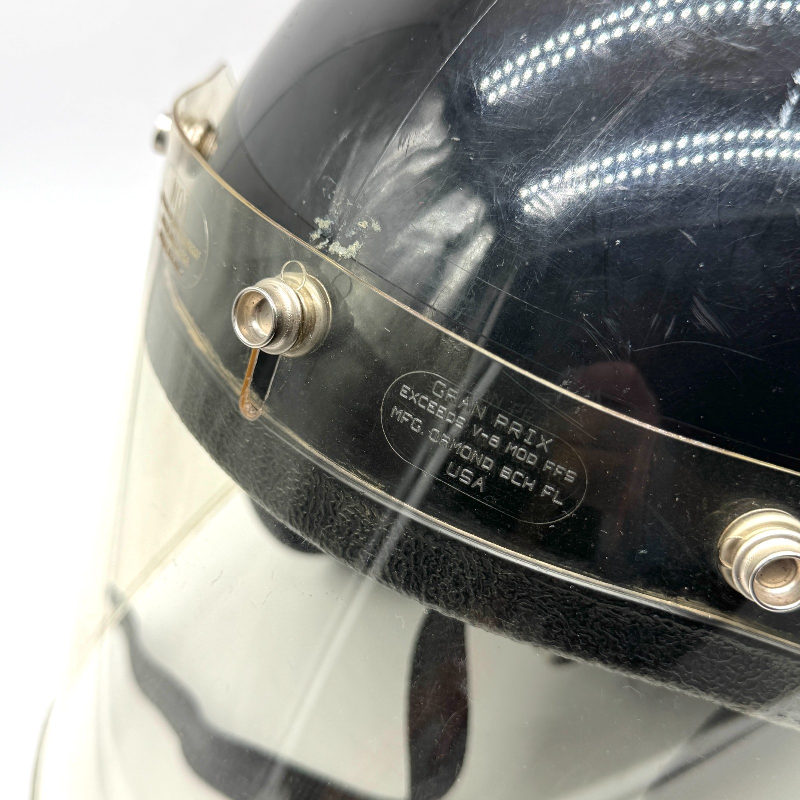Vintage Motorcycle Helmet 70s Black w/ Yellow Stripe and Visor Sz M Decoration