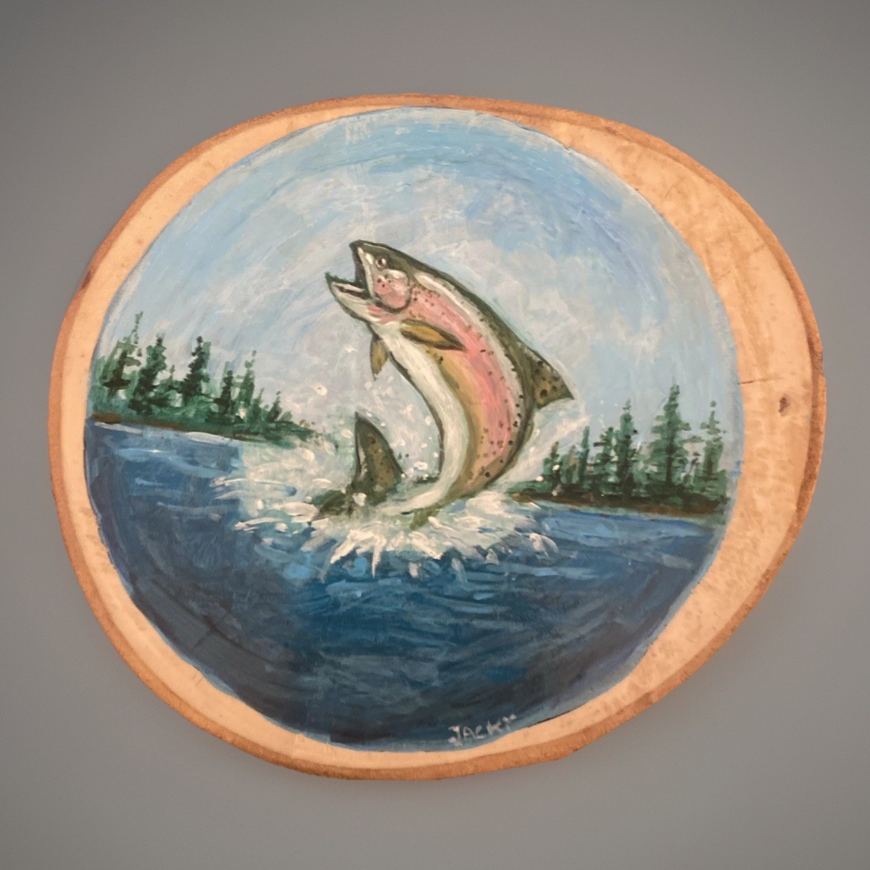 Trout Fish Painting Folk Art Jumping Trout Hand Painted Round Wood 7” X 8” Rare!
