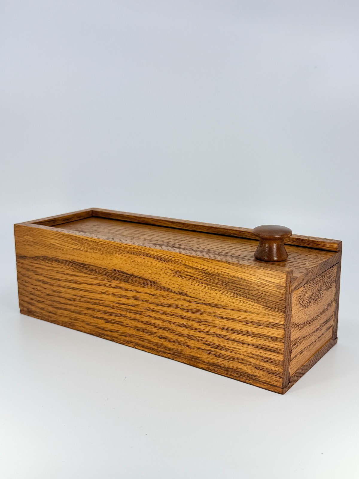 Vintage Oak Trinket Stash Box Wood Knob Handle Rectangle Sliding Lid 3x9x3.5