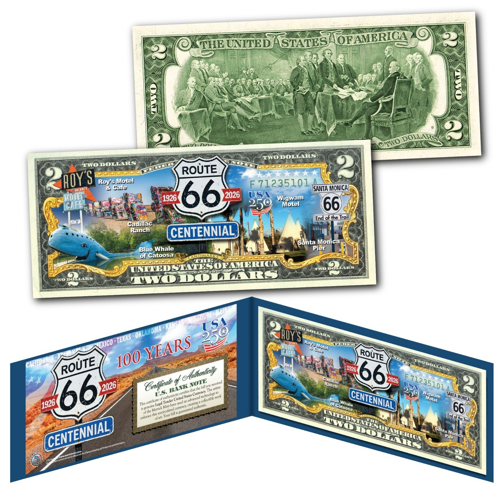 ROUTE 66 LANDMARKS 100th Anniversary 1926-2026 Genuine U.S. $2 Bill AMERICA 250