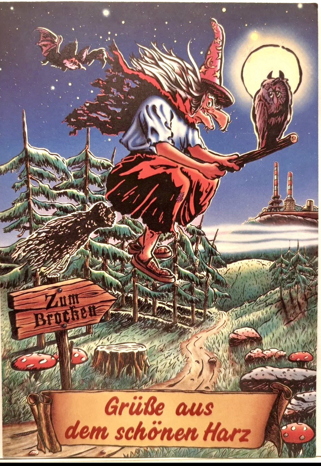 Vintage Halloween Postcard 1993 Original Witch Bat Owl Magic Mushrooms Broom 383