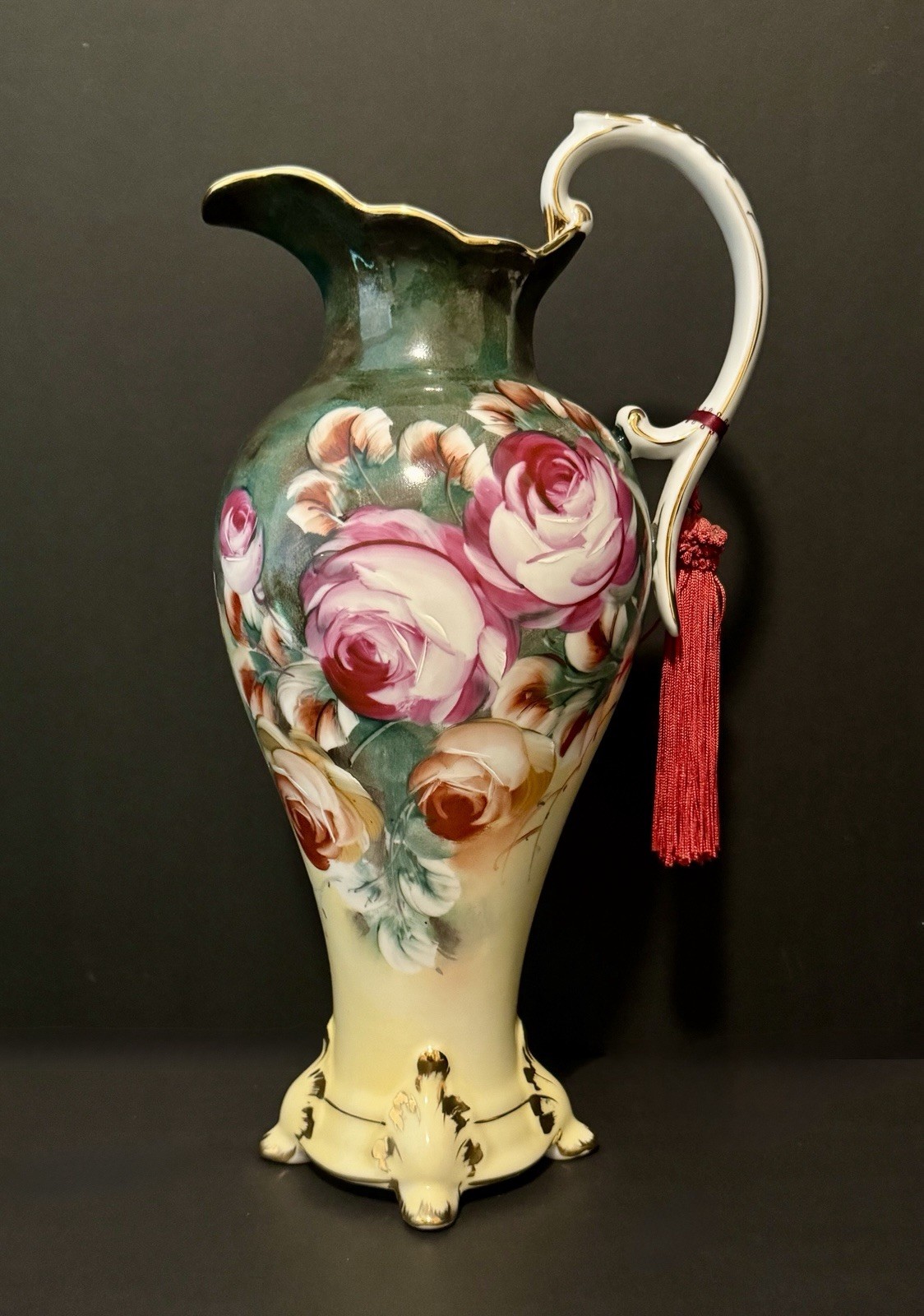 Vintage Limoges Large 15” Lemonade Pitcher & 4 Glasses Cabbage Roses Gold Footed