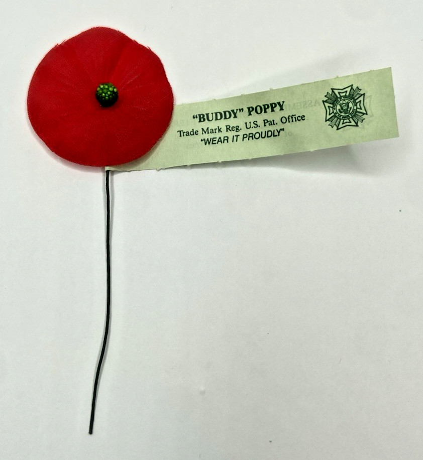 Vintage Buddy Poppy “Wear it Proudly” U.S. Veterans of Foreign Wars Green Tag