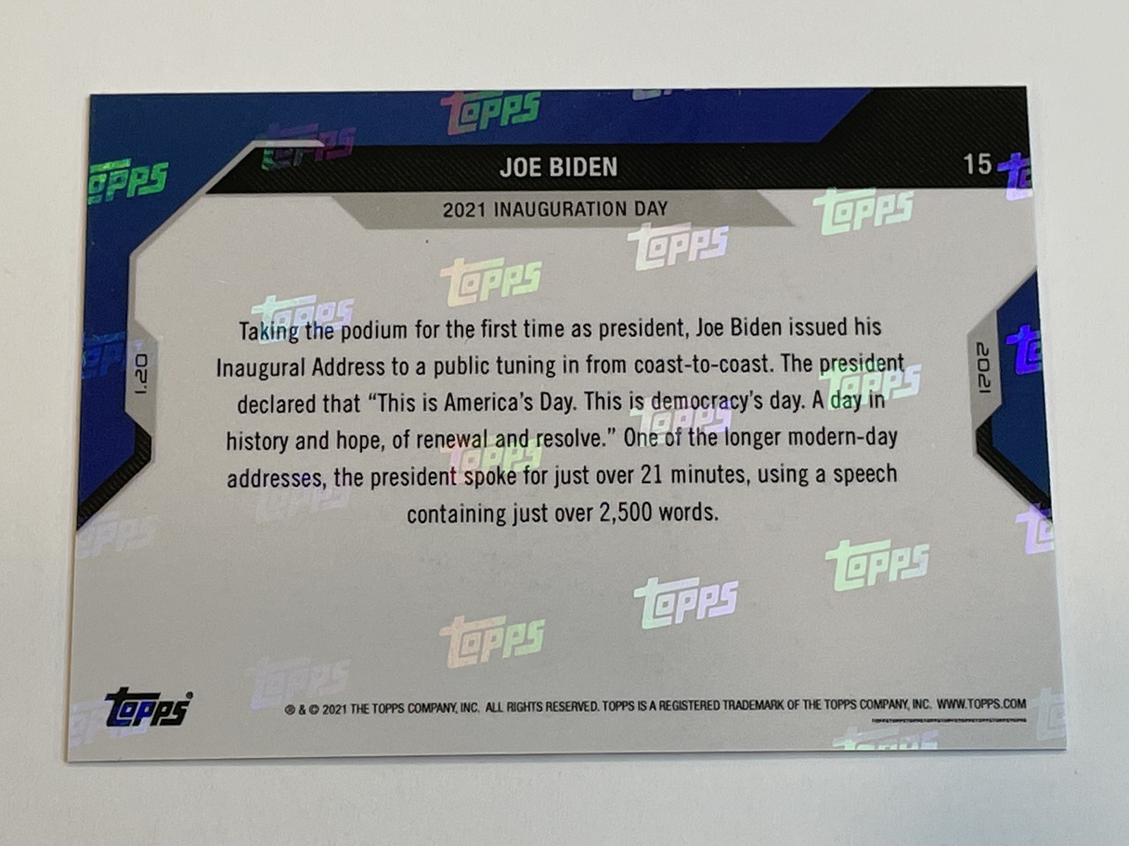 2020 Topps Now USA Election #15 – Joe Biden – Inauguration Day
