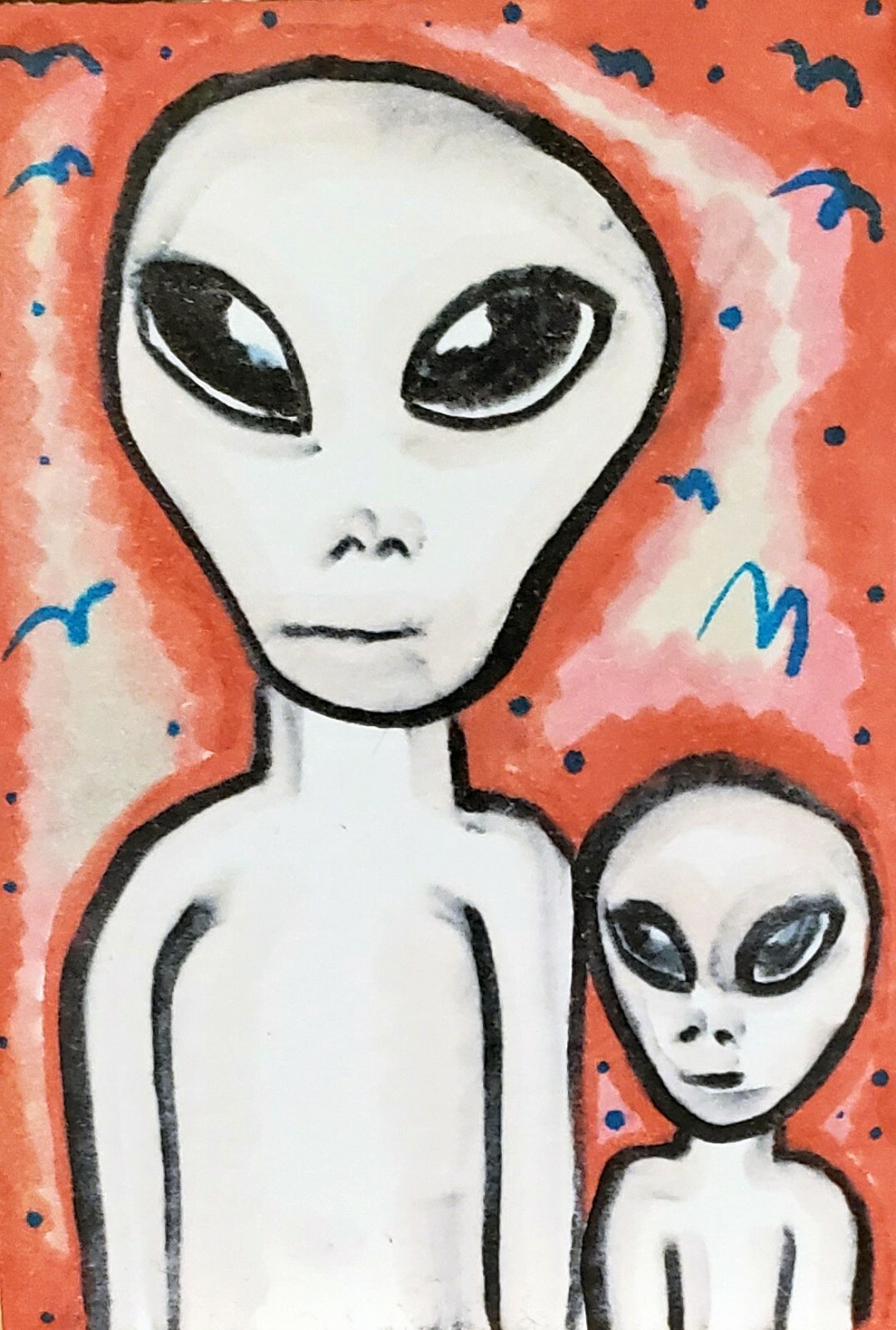 Alien Parent and Child Pop Folk Vintage Style Art 8 x 10 Signed Print Abstract