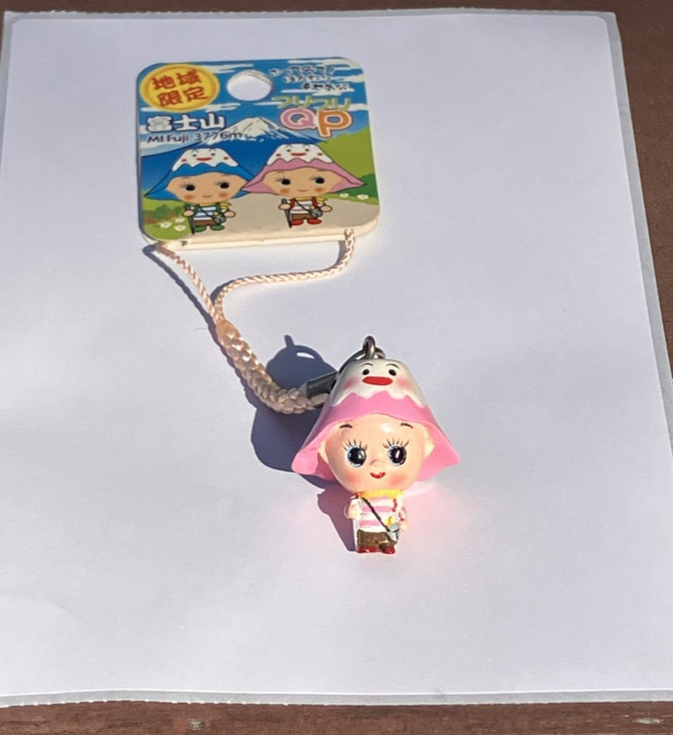 Vintage QP Brand Kewpie Mt Fuji Pink Hat Mascot Bobblehead Strap Charm US SELLER