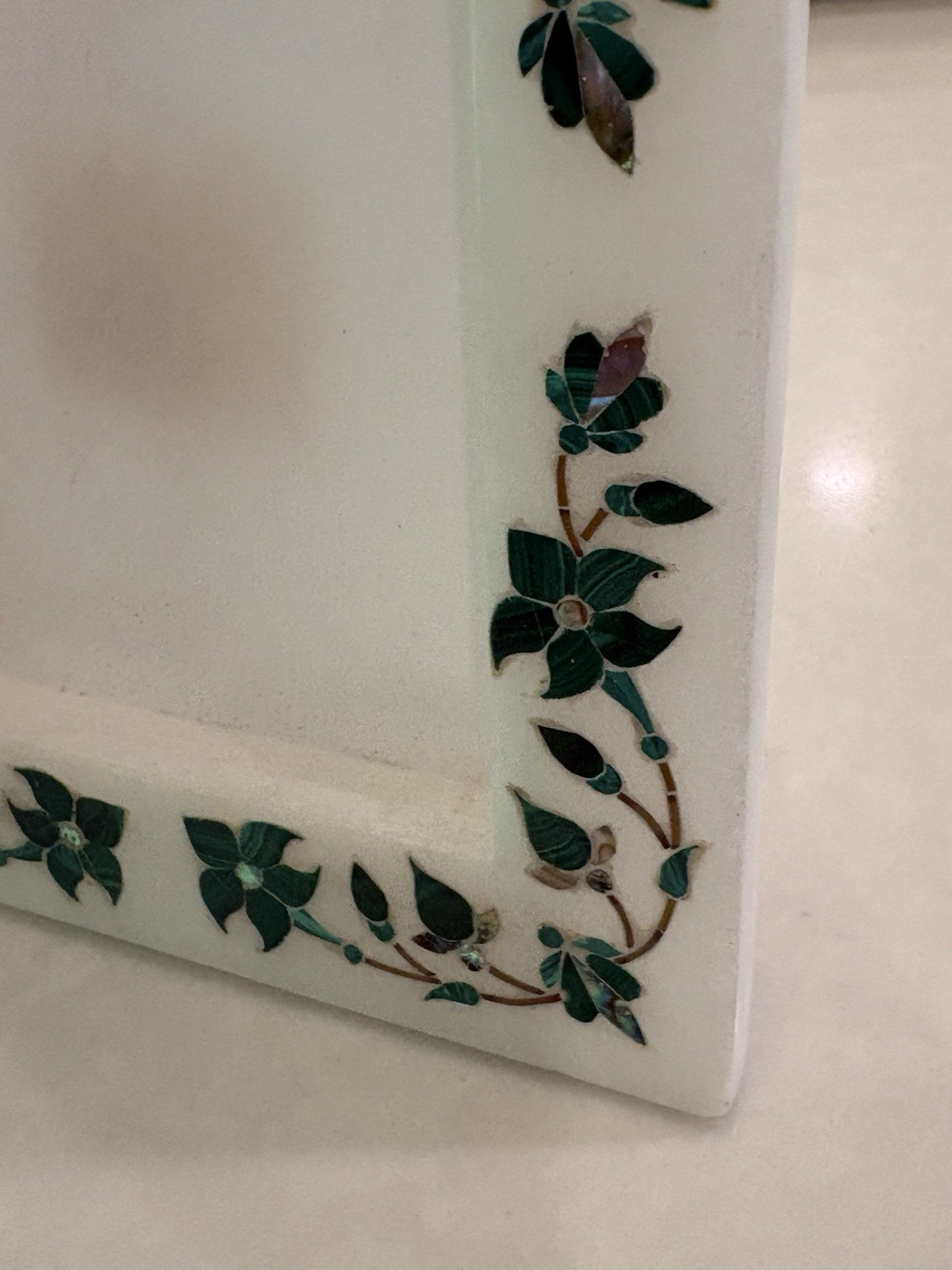 Authentic CCIC India White Marble Inlay Picture Frame Malachite Pietra Dura Art