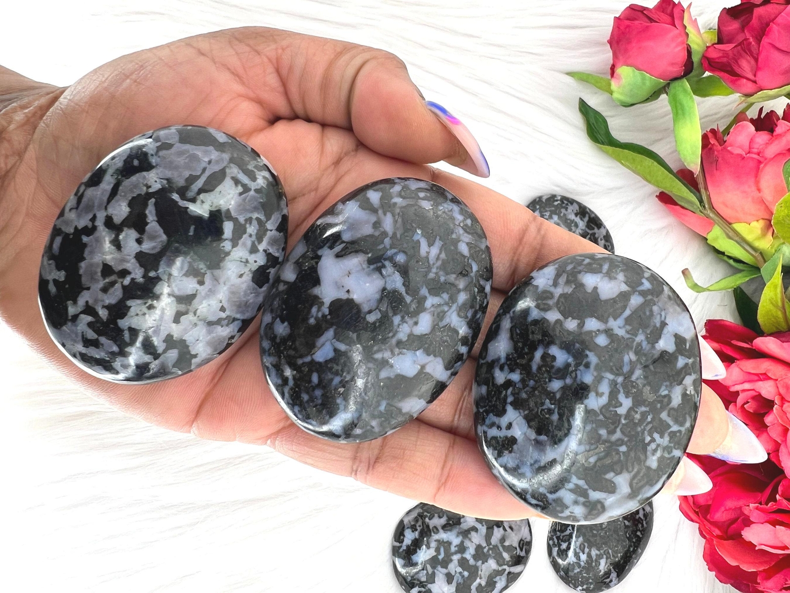 Mystic merlinite palm stone – indigo gabbro palmstone – mystic merlinite