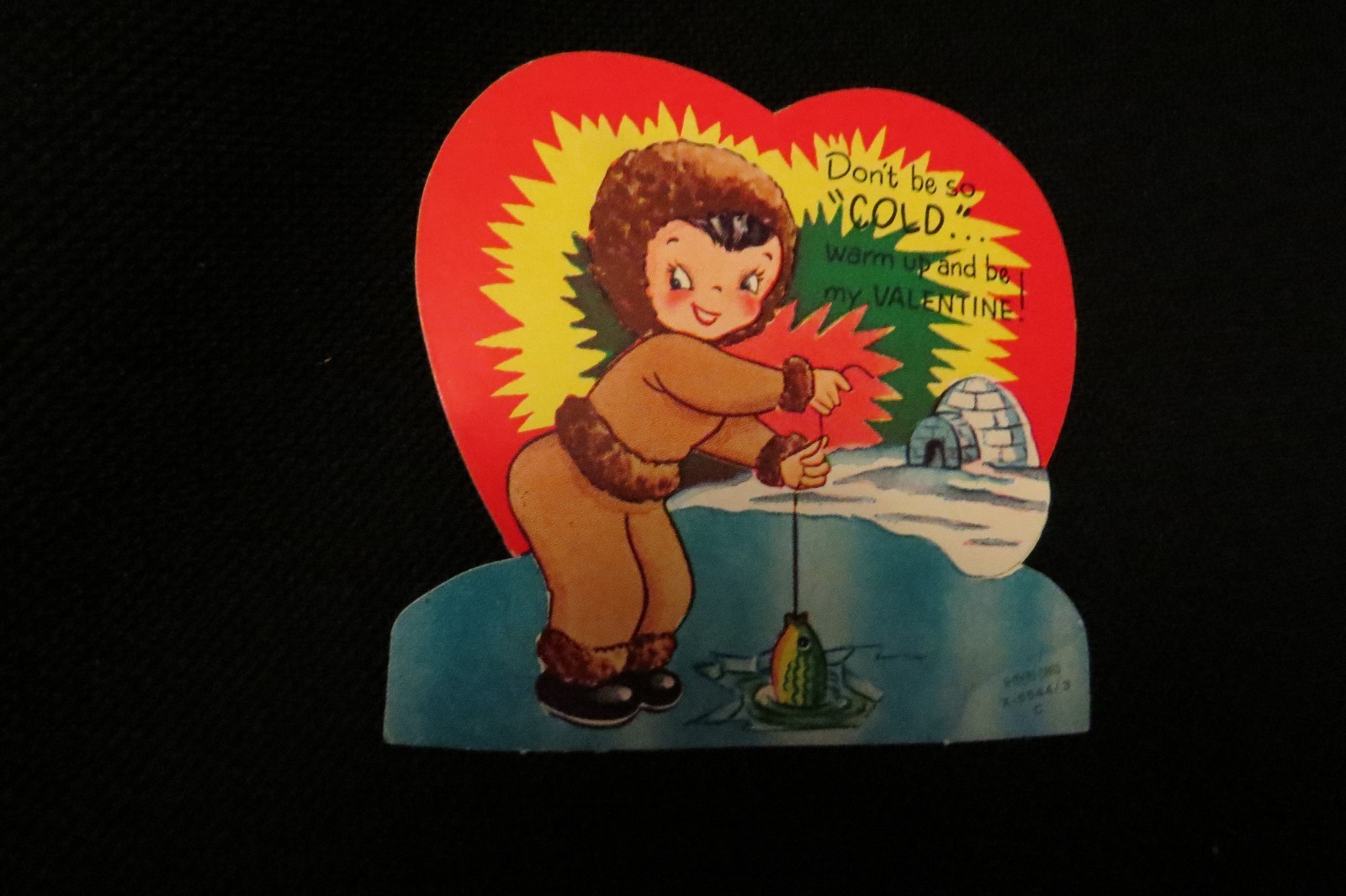 Vintage ESKIMO, IGLOO & Fishing valentine Card c. 1940s by: a-meri-card