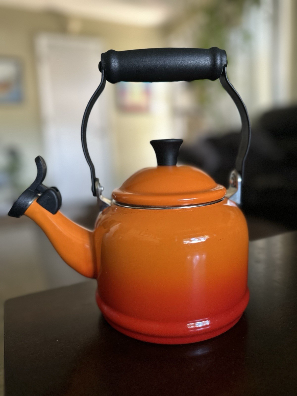 Le Creuset Whistling 1.25 Qt Flame Orange Ombré Enamel Tea Pot Kettle w/Lid Read