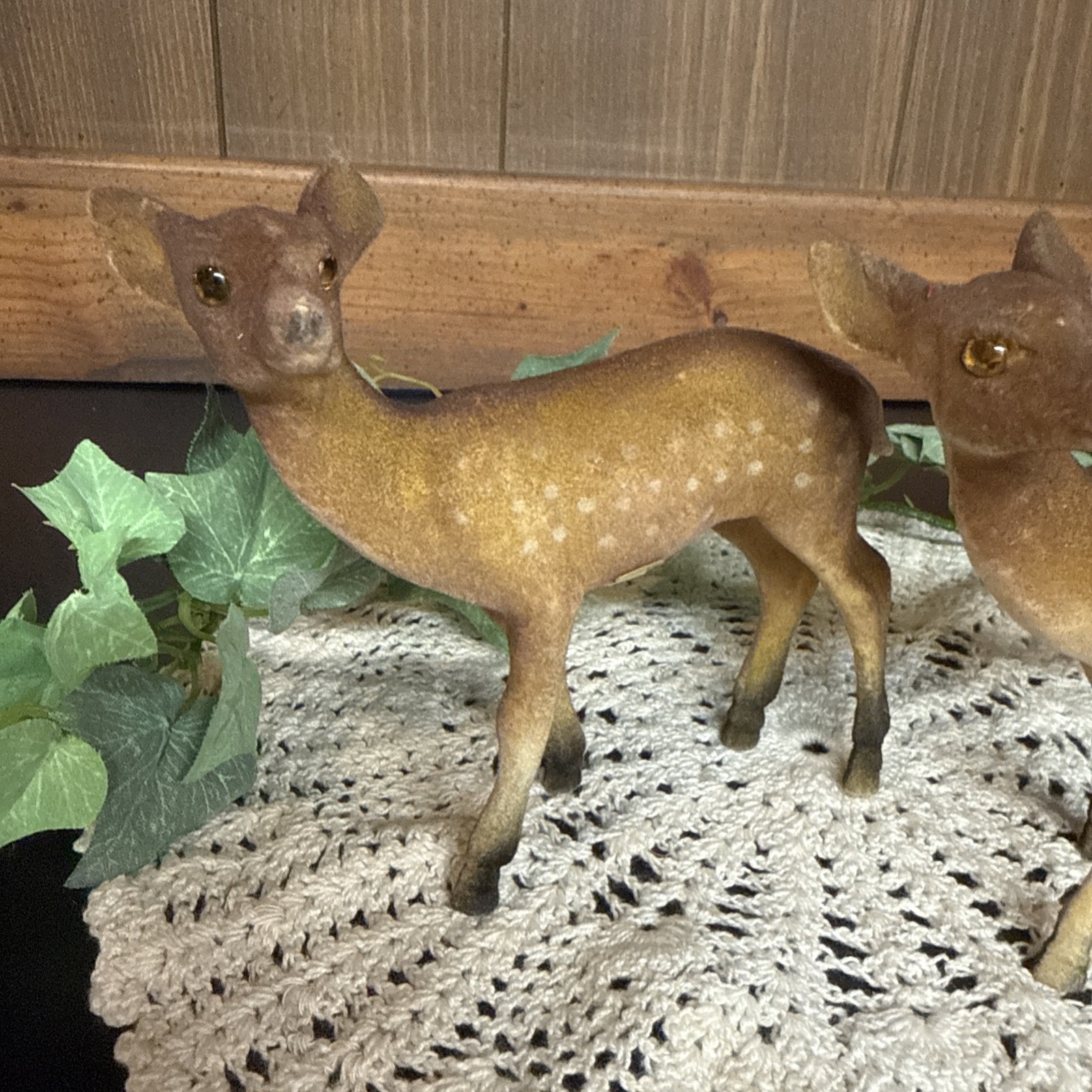 Vintage Flocked Deer Does Velvet/Felt Amber Glass Eyes Decor Hong Kong Set Of 2