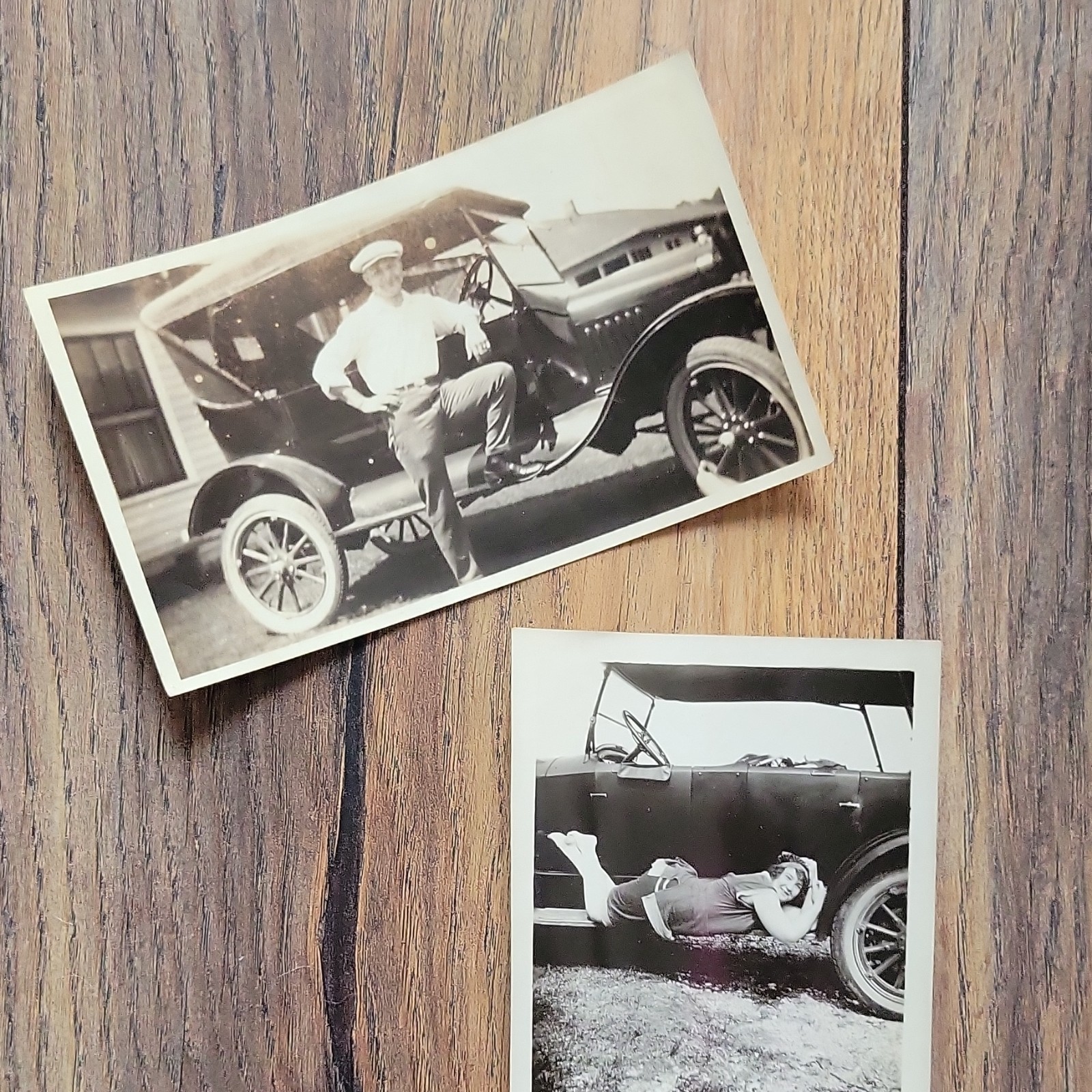2 Vintage Original B&W Photos People Posing w/ Antique Automobile 1920