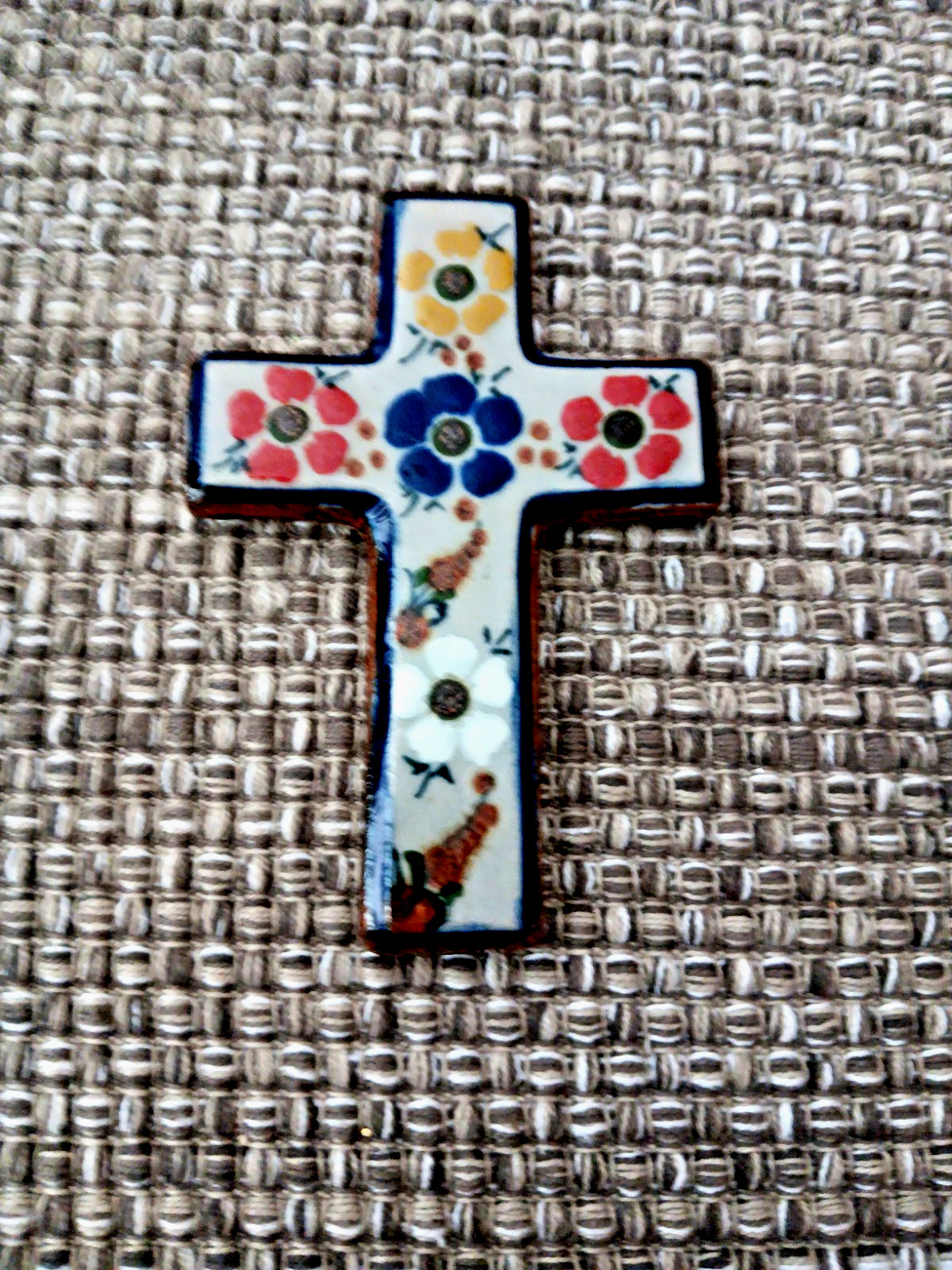 Earthenware Small Colorful Hand-Painted Cross Wall Hanging Mexico 4.25 In