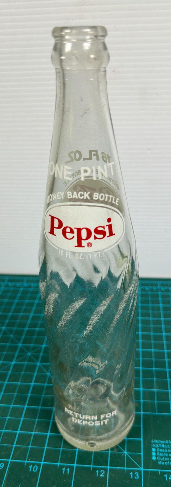 VTG Pepsi Cola 16 Oz Glass Soda Swirl Bottle Money Back Return Deposit Pint ACL