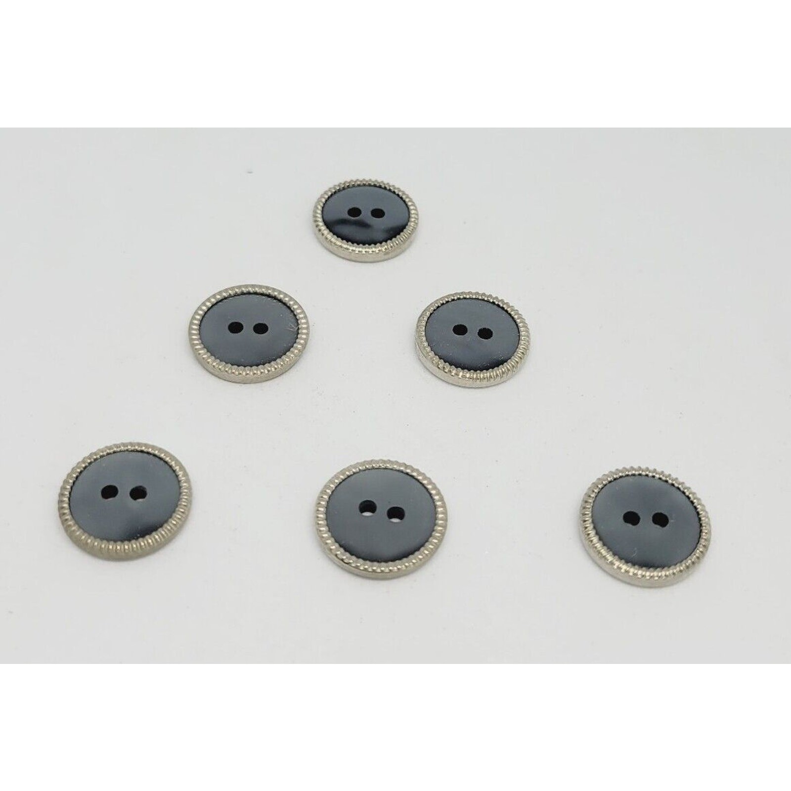Lot of 6 VTG Buttons 60s Pearlized Gray with Silver Ridged Edge 2-Hole 1/2 inc