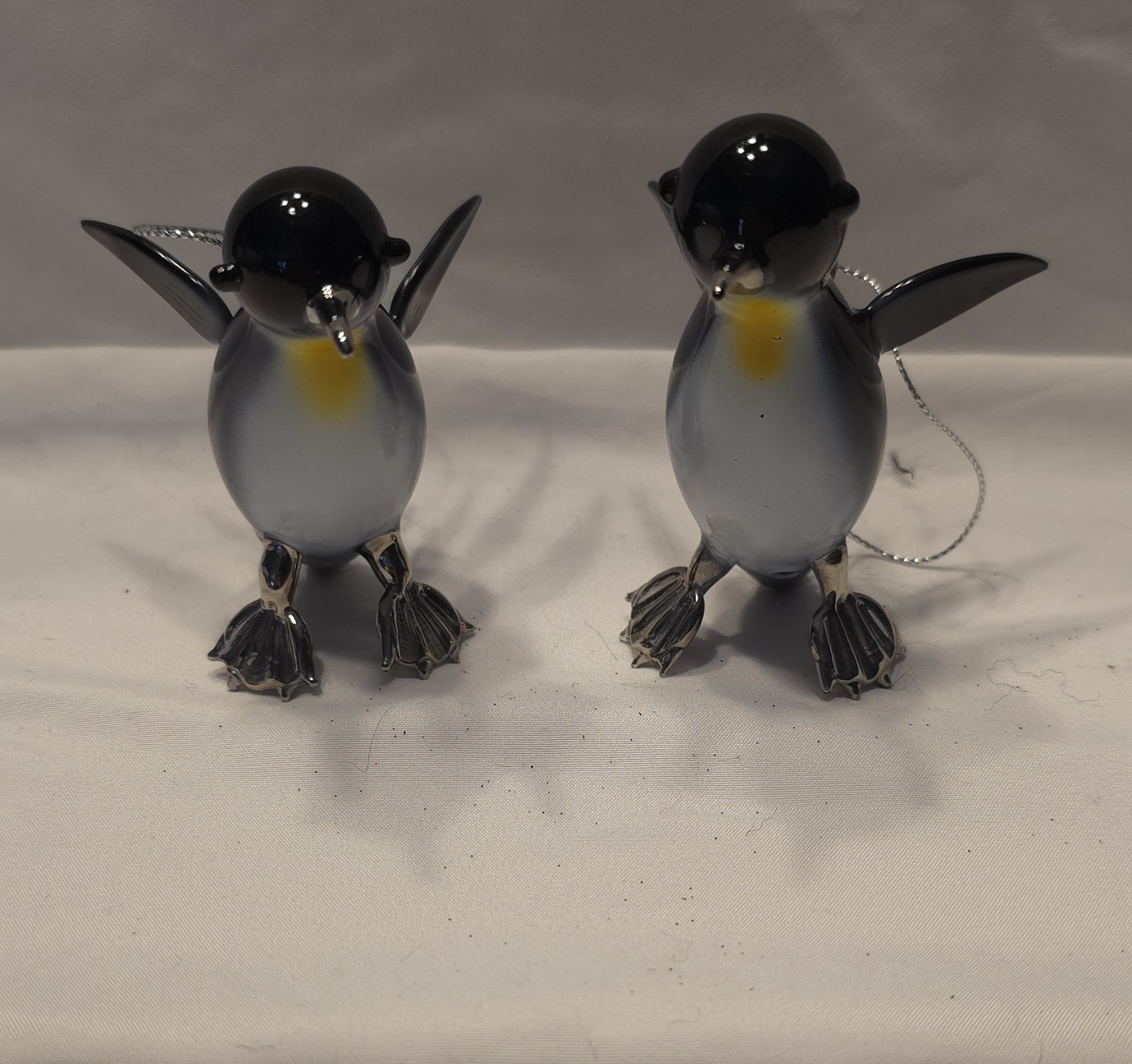 Set of 2 Glass Penguin Ornaments – Gray/Black w/ Yellow Chest, Hanging Loop