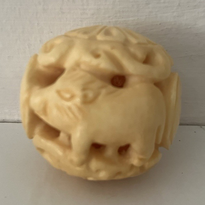 OJIME bead netsuke CHINESE ZODIAC YEAR OF THE PIG 1.25″ round carved resin