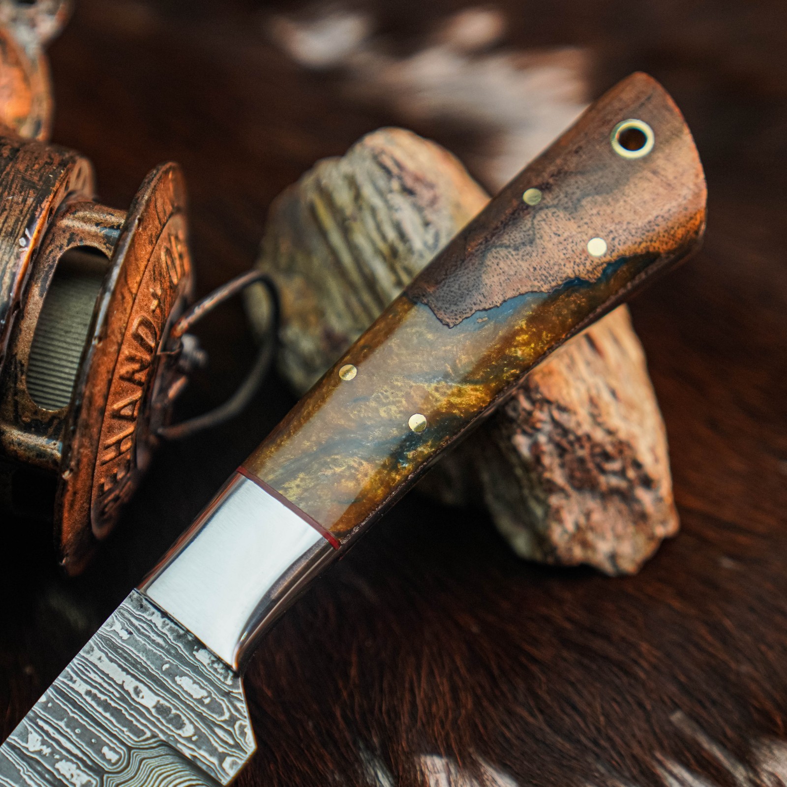 9.1″ inch Handmade Damascus Hunting Knife Full Tang Wood Handle Leather Sheath